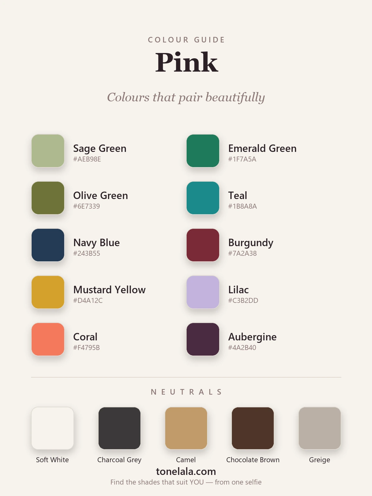 A colour palette of shades that pair with pink — sage green, emerald, olive, teal, navy, burgundy, mustard, lilac and coral with hex codes, by ToneLala