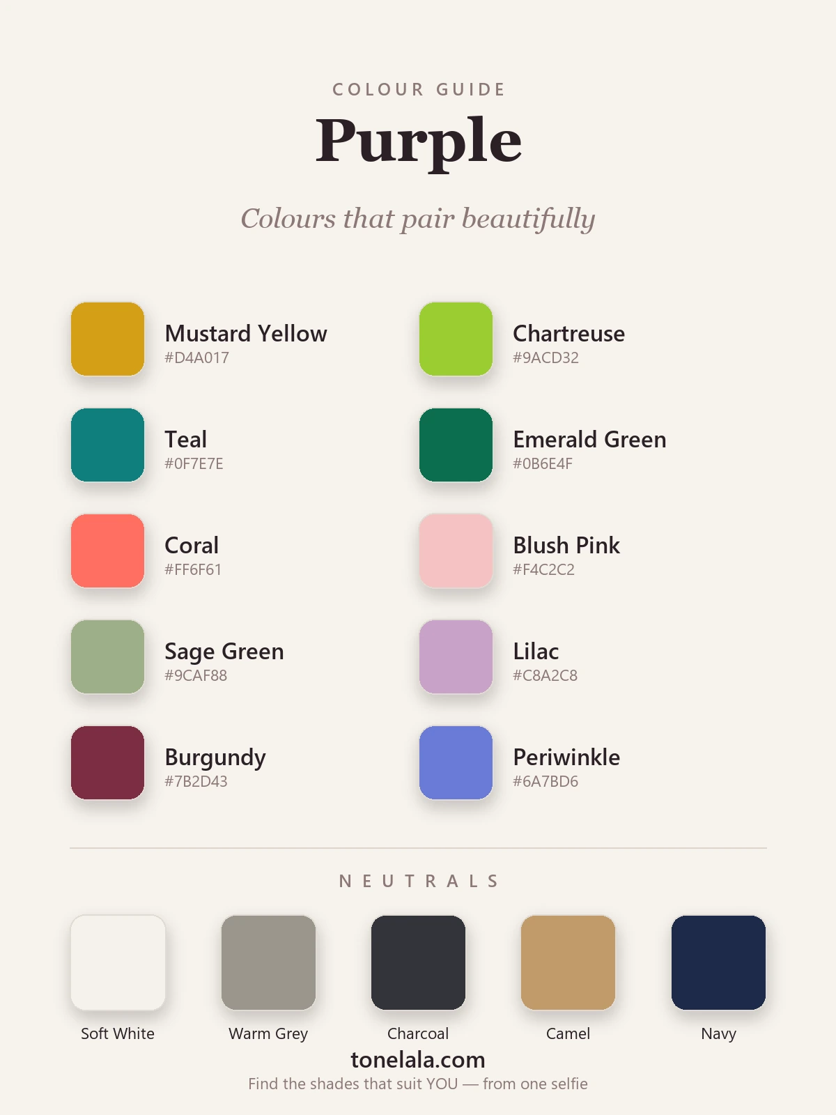 A colour palette of shades that pair with purple — mustard, chartreuse, teal, emerald, coral, blush, sage, lilac, burgundy and periwinkle — by ToneLala