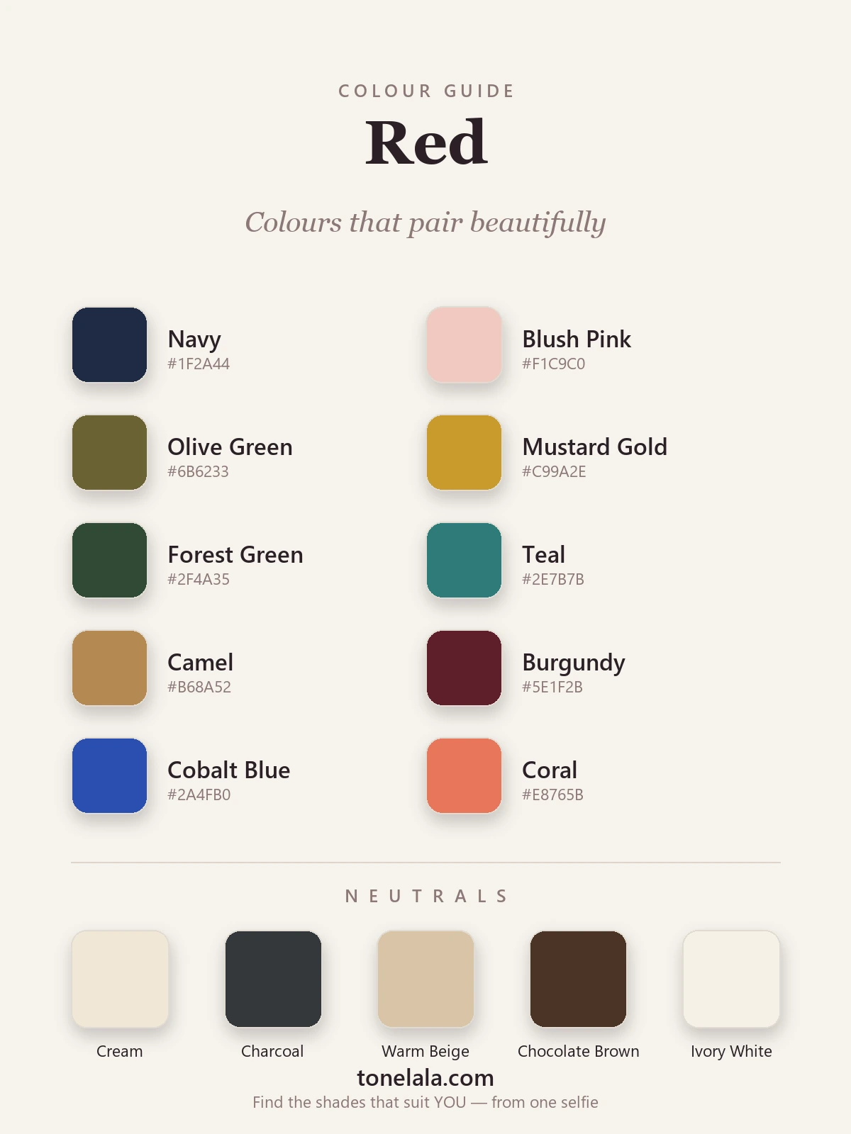 A colour palette of shades that pair with red — navy, blush pink, olive green, mustard gold, teal, camel and burgundy with cream and charcoal neutrals, by ToneLala
