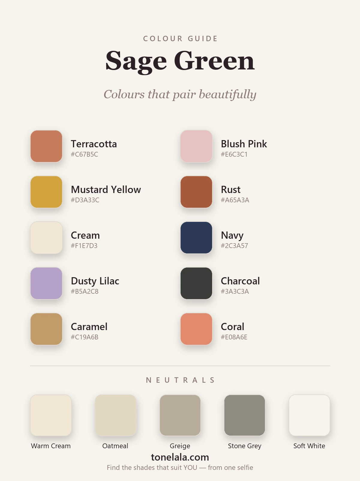 Sage green colour pairing palette with hex codes — terracotta, blush pink, mustard, rust, cream, navy, dusty lilac, charcoal, caramel and coral, by ToneLala