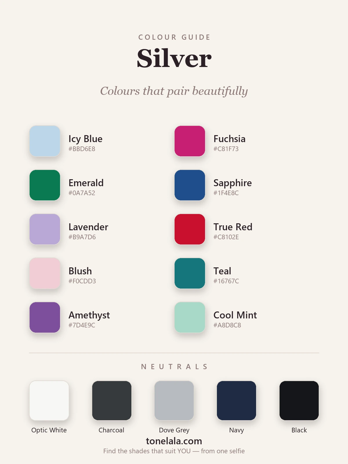 Silver colour-pairing palette with hex codes — icy blue, fuchsia, emerald, sapphire, lavender, true red, blush, teal, amethyst and cool mint, plus white, charcoal, dove grey, navy and black neutrals, by ToneLala