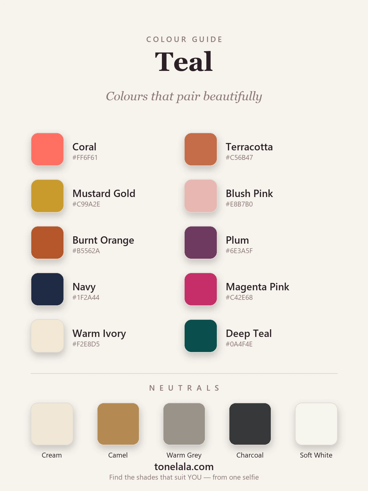 A colour palette of shades that pair with teal — coral, terracotta, mustard, blush pink, navy, plum and gold, with cream, camel and charcoal neutrals, by ToneLala