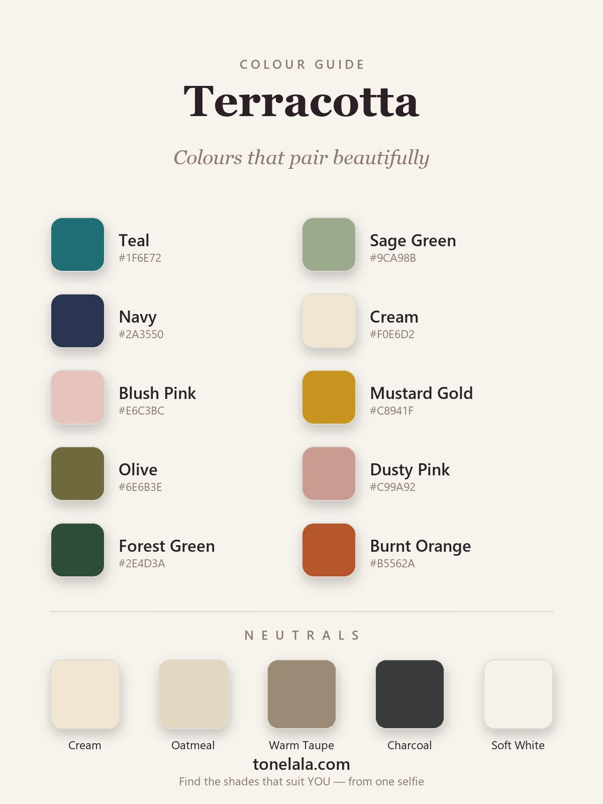 Terracotta colour pairing palette with hex codes — teal, sage green, navy, cream, blush, mustard, olive, dusty pink, forest green and burnt orange, by ToneLala