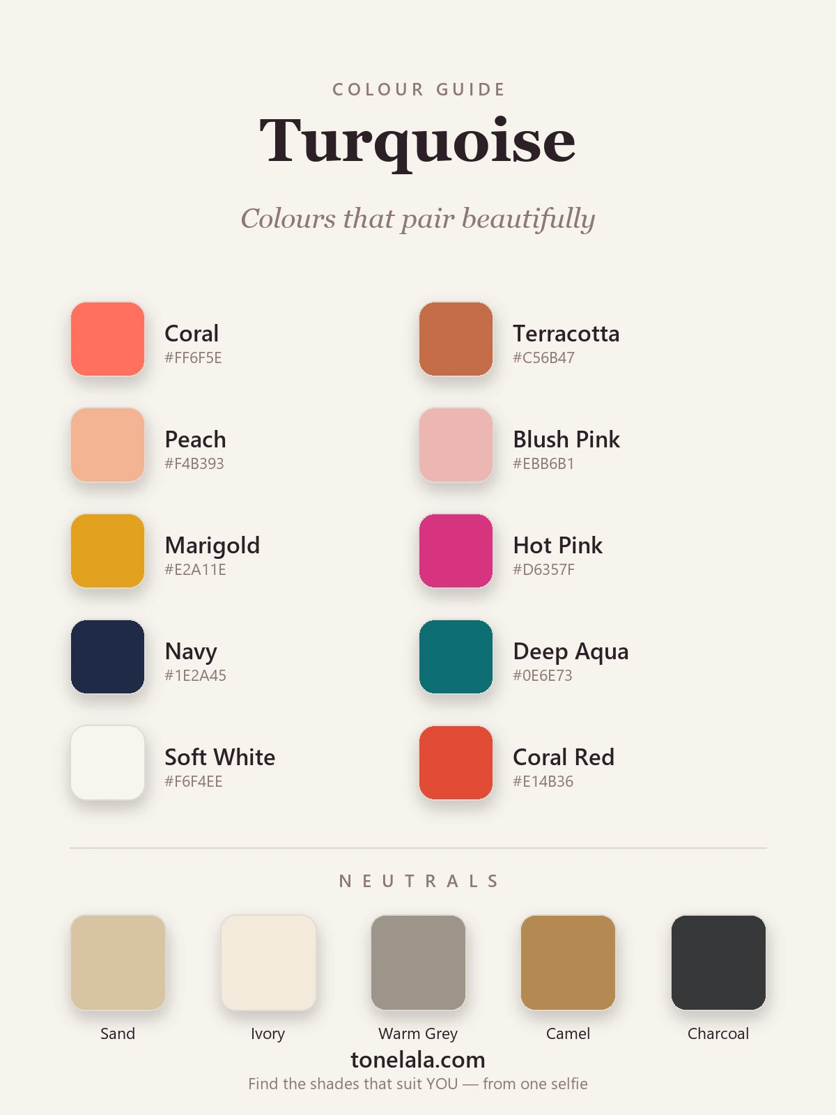 A colour palette of shades that pair with turquoise — coral, terracotta, blush, gold, navy and aqua, with sand, ivory and warm grey neutrals, by ToneLala