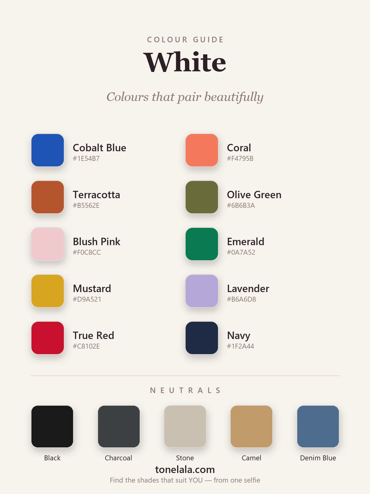 Colour palette of shades that go with white — cobalt blue, coral, terracotta, olive, blush, emerald, mustard, lavender, red and navy, with stone and charcoal neutrals, by ToneLala