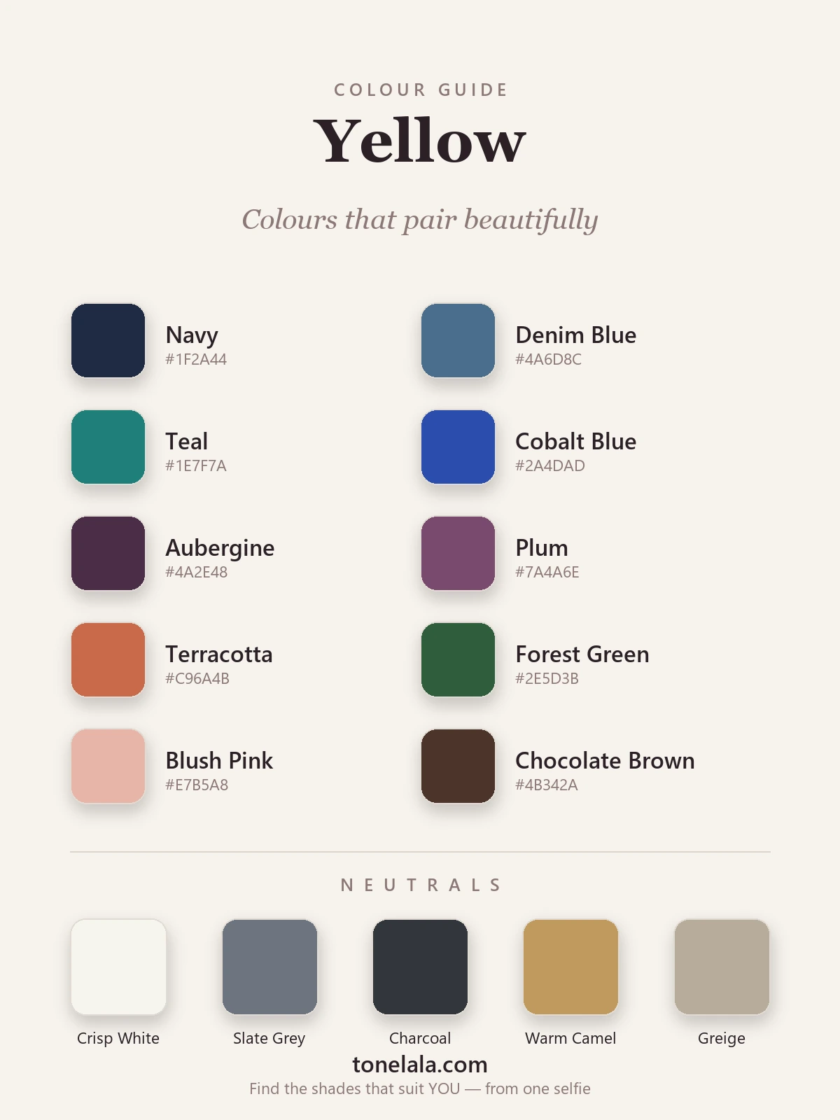 Colour palette of shades that go with yellow — navy, denim blue, teal, slate grey, aubergine, terracotta, forest green and blush, with hex codes, by ToneLala