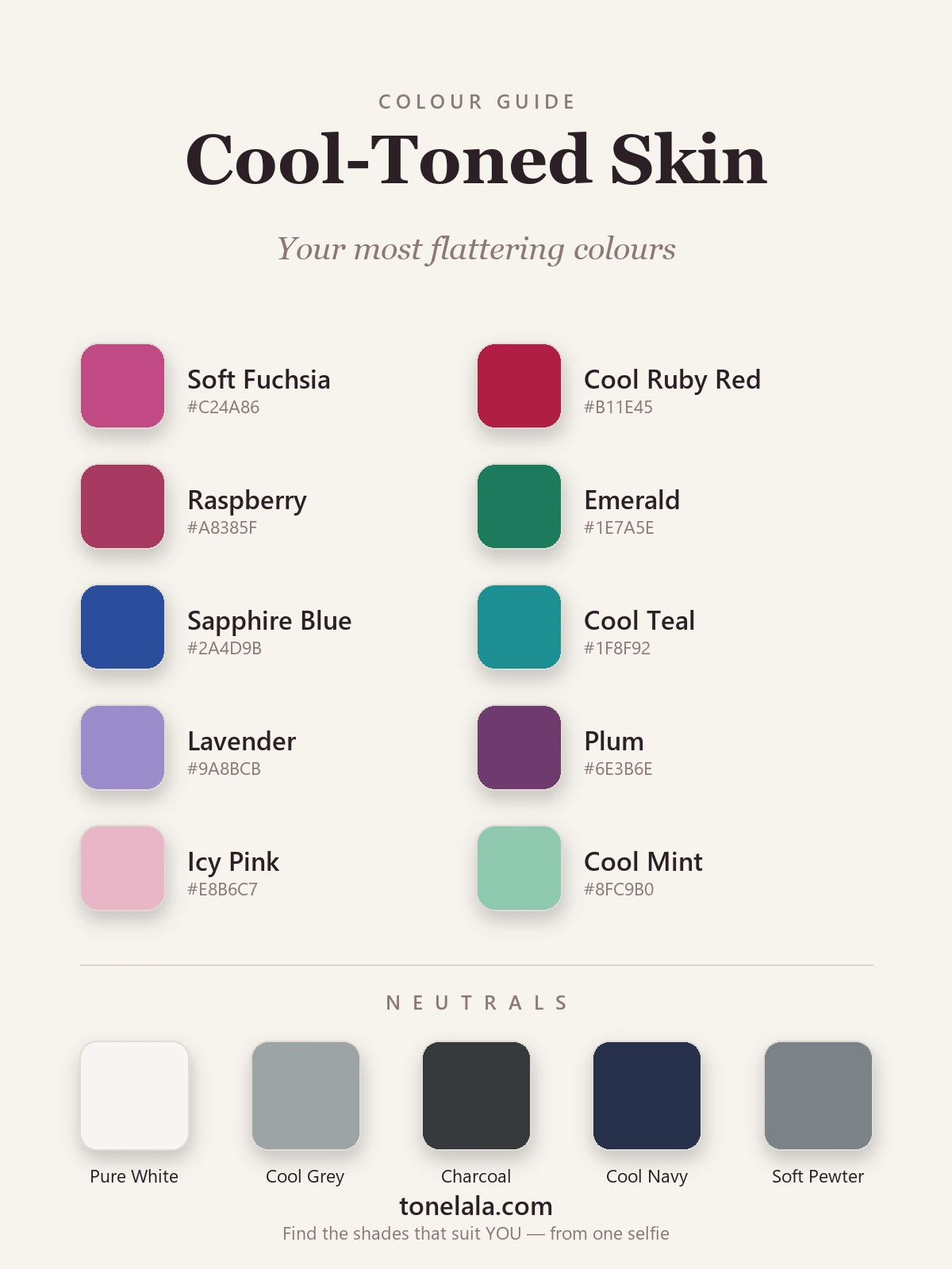 Colour palette of flattering shades for cool-toned skin — soft fuchsia, cool ruby red, raspberry, emerald, sapphire blue, cool teal, lavender, plum, icy pink and cool mint, with cool grey, pure white and charcoal neutrals, by ToneLala