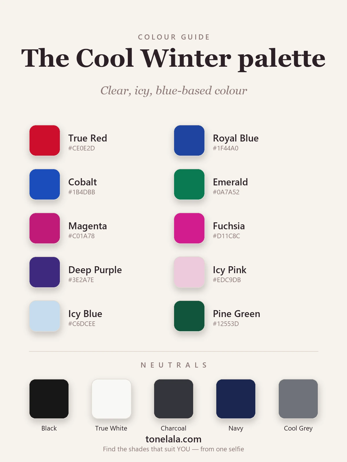 Cool Winter colour palette chart with hex codes — true red, royal blue, cobalt, emerald, fuchsia and icy pastels, with black, true white and cool grey neutrals, by ToneLala