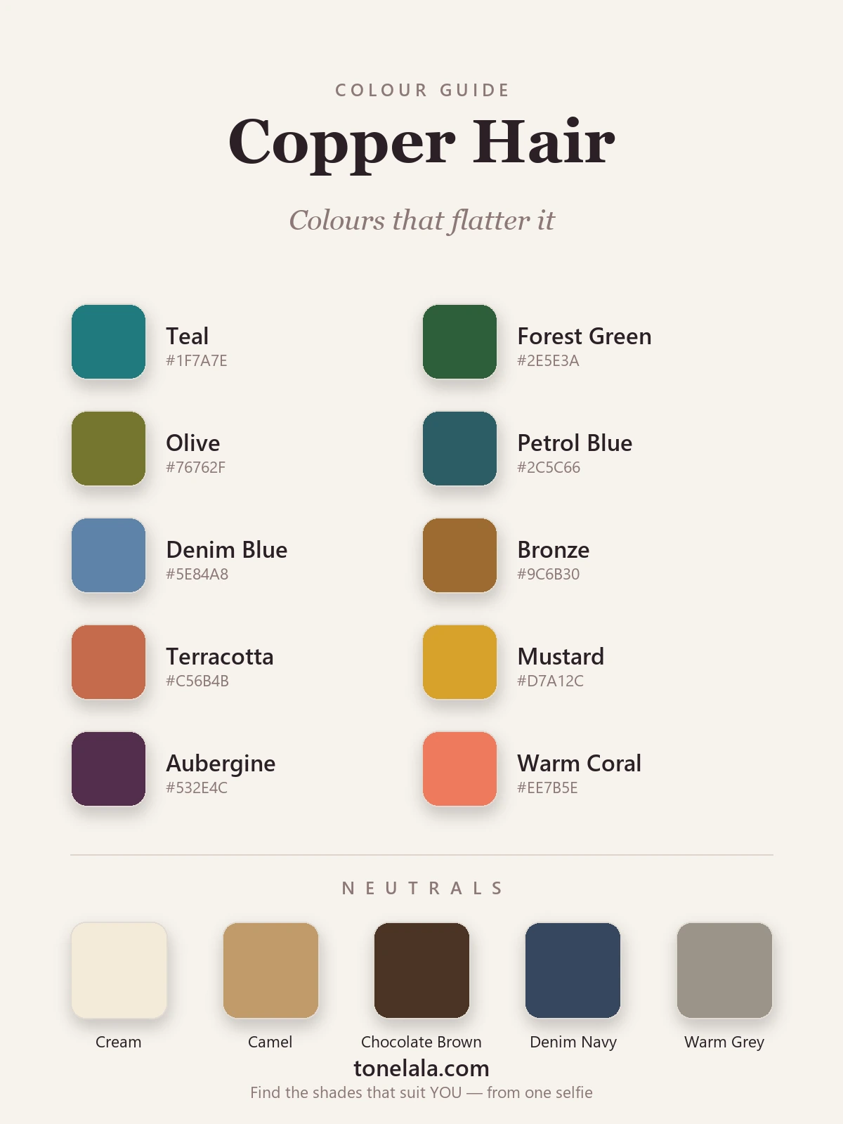 The best outfit colours for copper hair with hex codes — teal, forest green, olive, petrol blue, bronze, cream and aubergine, by ToneLala