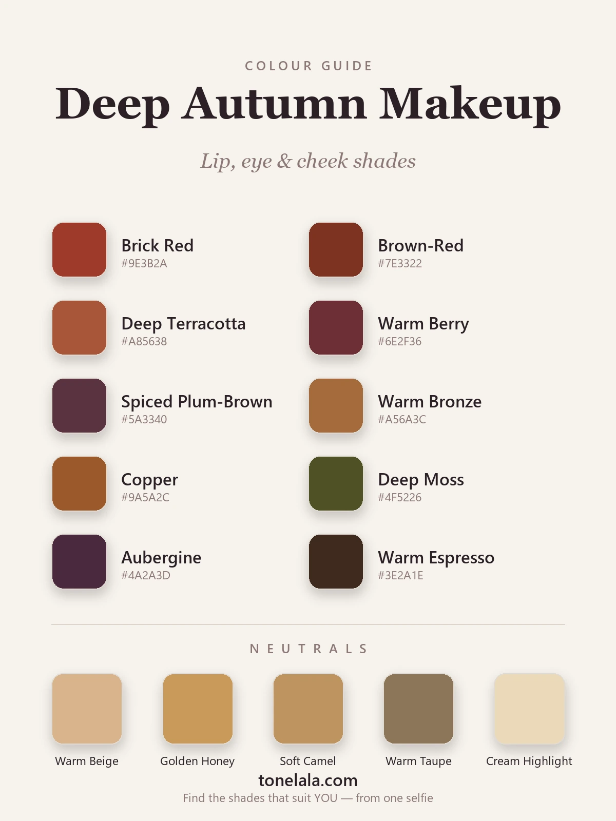 Deep Autumn makeup shades with hex codes — brick, brown-red, deep terracotta, warm berry, copper, bronze, deep moss, aubergine and warm espresso, by ToneLala