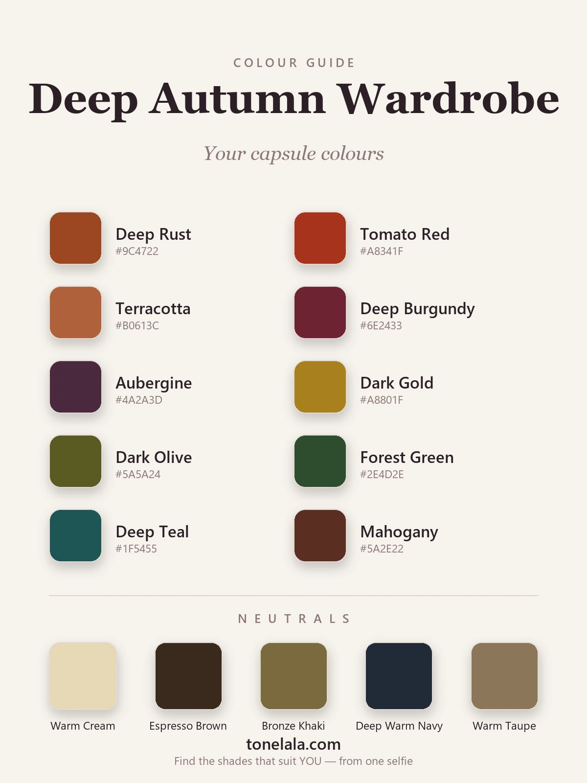 Deep Autumn wardrobe colours with hex codes — deep rust, tomato red, aubergine, deep teal, forest green and dark gold, with espresso and warm cream neutrals, by ToneLala