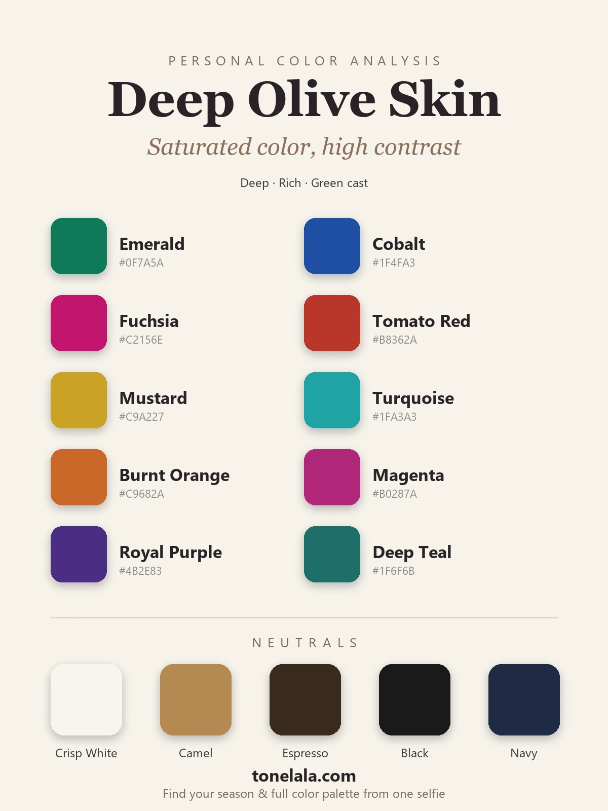 Deep olive skin color palette with hex codes, emerald, cobalt, fuchsia, tomato red, mustard, turquoise, burnt orange, magenta, royal purple and deep teal, with crisp white, camel, espresso, black and navy neutrals, by ToneLala