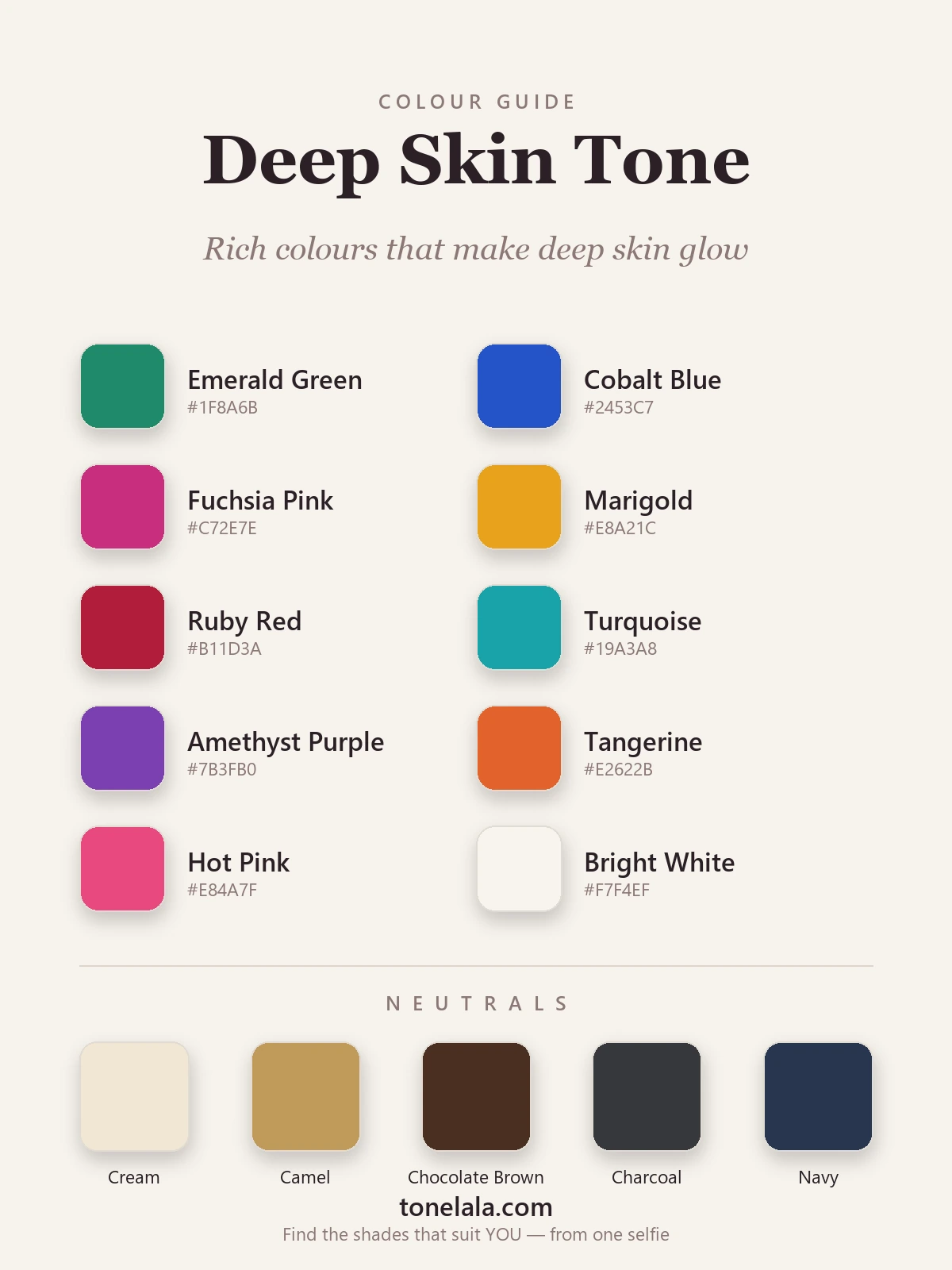 Colour palette for deep skin tone — emerald, cobalt, fuchsia, marigold, ruby, turquoise, amethyst, tangerine, hot pink and bright white, with cream, camel, chocolate, charcoal and navy neutrals, by ToneLala