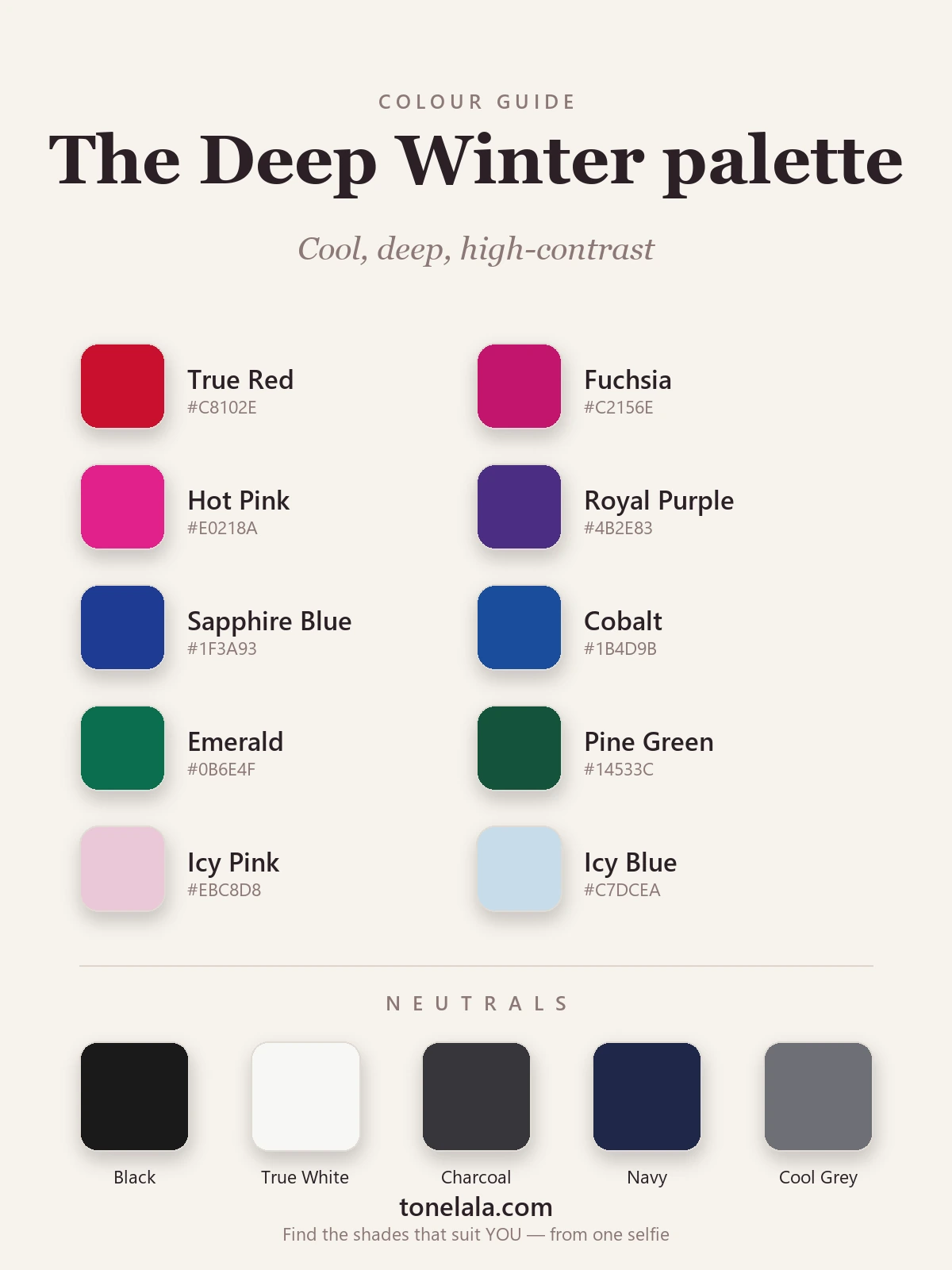 Deep Winter colour palette chart with hex codes — true red, fuchsia, royal purple, sapphire, emerald and icy brights, with black, true white and charcoal neutrals, by ToneLala