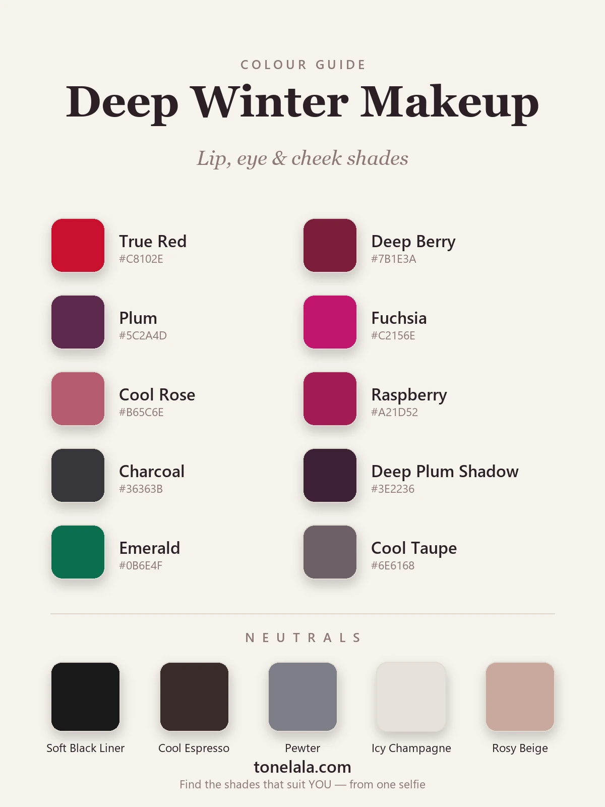 A palette of Deep Winter makeup shades with hex codes — true red, deep berry, plum and fuchsia lips, charcoal, plum and emerald eyes and a cool rose blush, by ToneLala