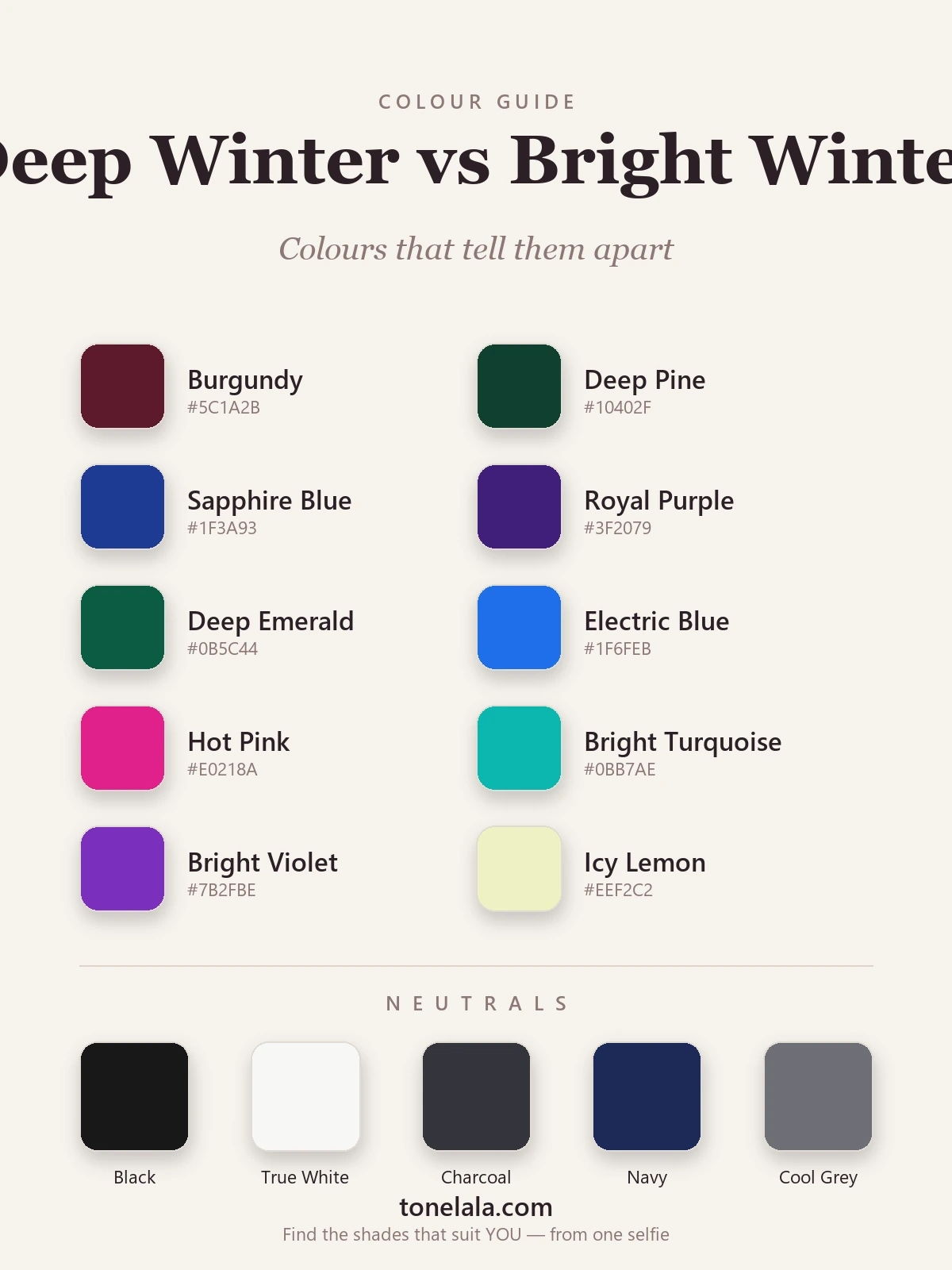Colour palette chart with hex codes showing the shades that separate Deep Winter and Bright Winter — deep pine, sapphire and burgundy against electric blue, hot pink and bright emerald, by ToneLala