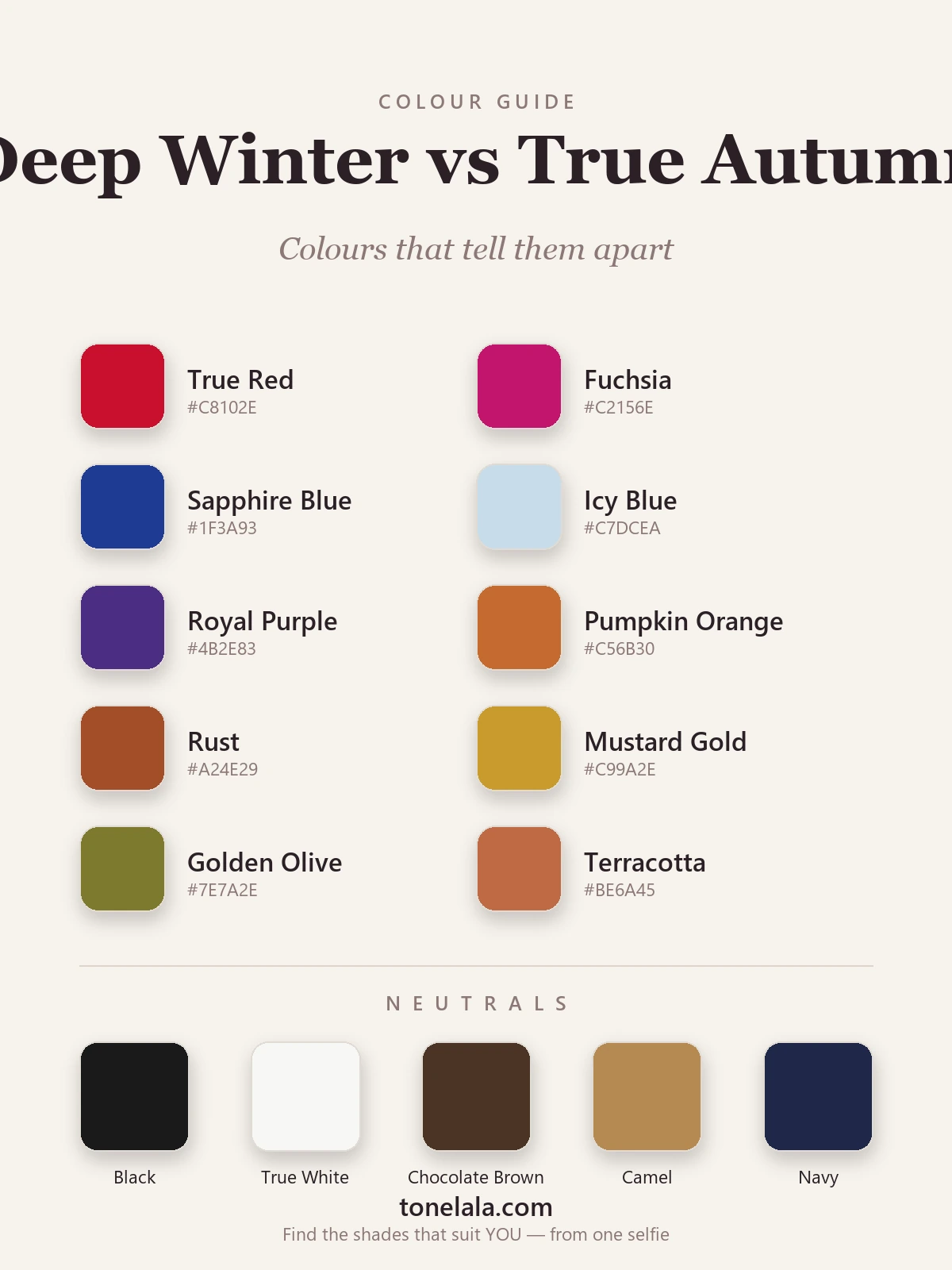 Colour palette chart with hex codes showing the shades that separate Deep Winter and True Autumn — true red, fuchsia, sapphire and icy blue against rust, pumpkin, golden olive and mustard, by ToneLala