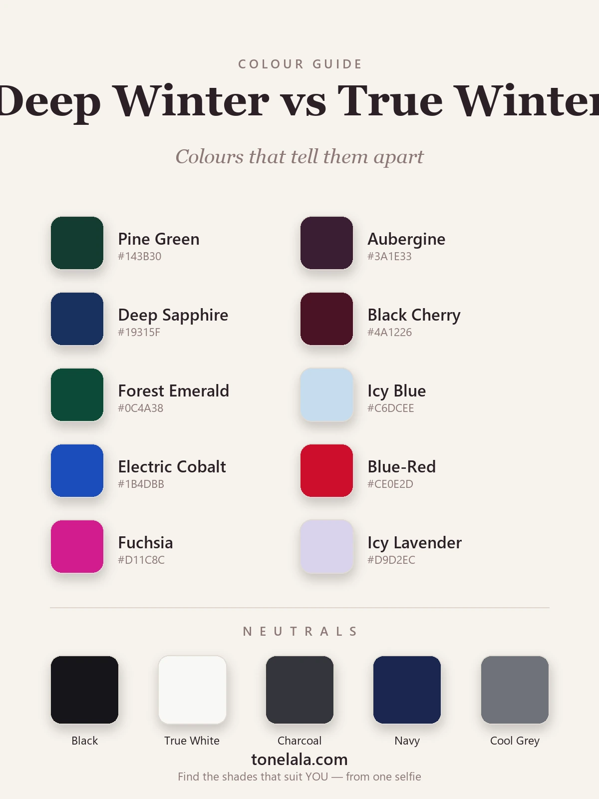 Colour palette chart with hex codes showing the shades that separate Deep Winter from True Winter, by ToneLala