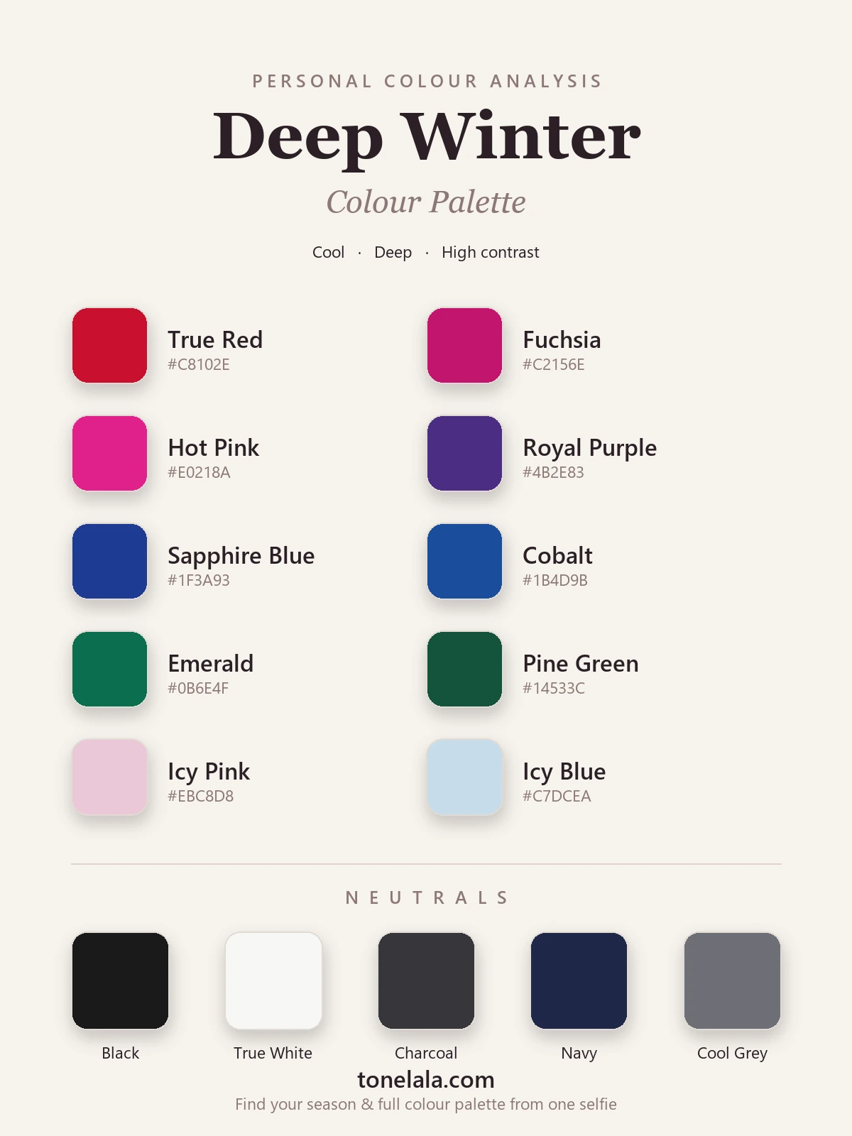 Deep Winter colour palette chart with hex codes — true red, fuchsia, royal purple, sapphire, emerald and icy pastels, with black, true white and charcoal neutrals, by ToneLala