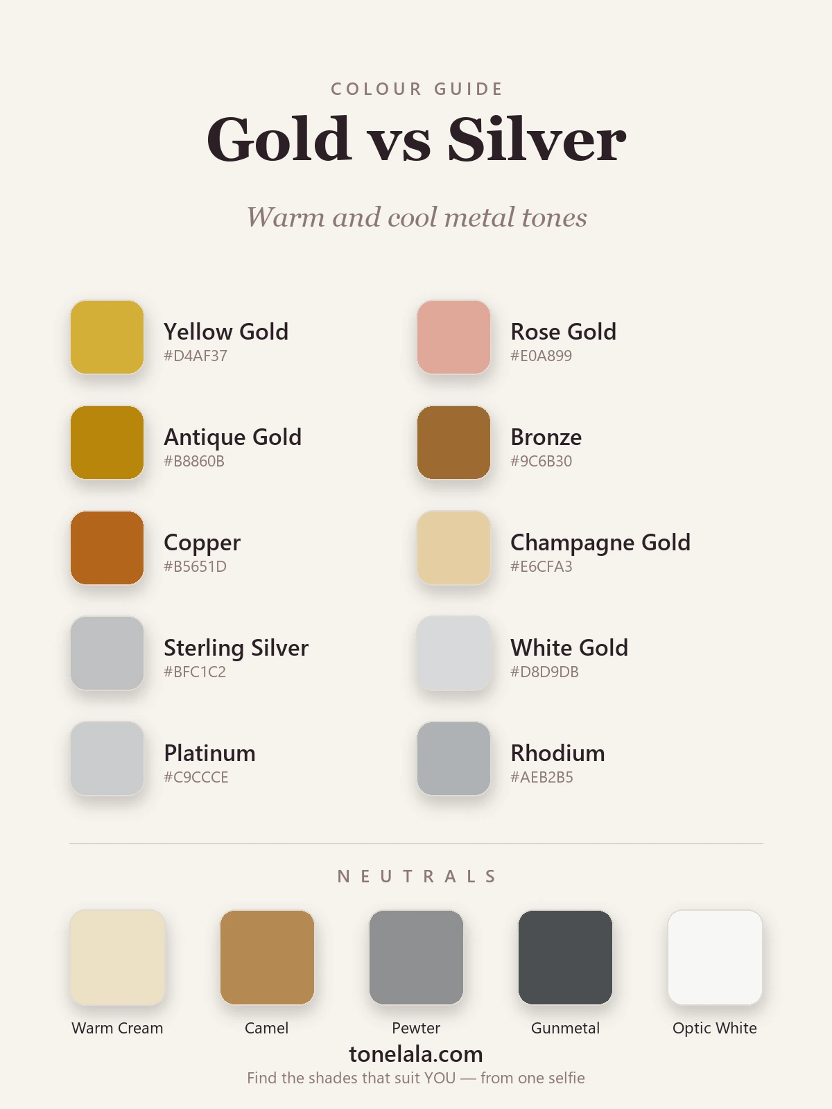 A metals and colour palette with hex codes showing warm golds, cool silvers and the in-between tones — yellow gold, rose gold, bronze, champagne, sterling silver, white gold, platinum, gunmetal and pewter, by ToneLala
