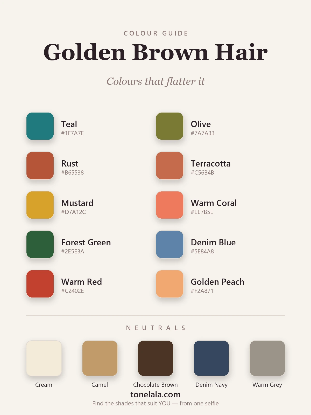 Colour palette of the best outfit colours for golden brown hair with hex codes — teal, olive, rust, terracotta, mustard, warm coral, forest green, denim blue, warm red and golden peach, plus cream, camel, chocolate brown, denim navy and warm grey neutrals, by ToneLala