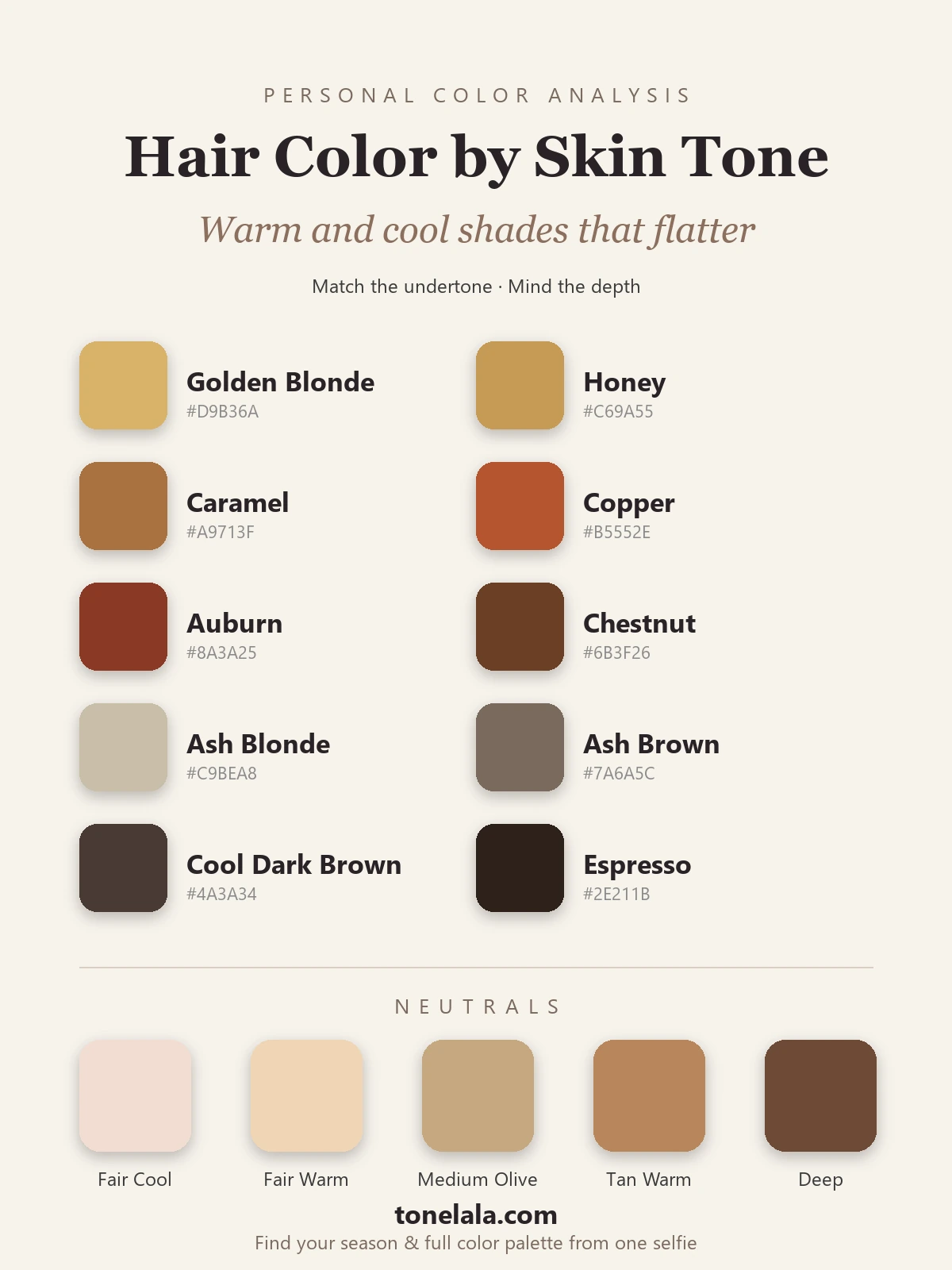 Hair color chart by skin tone with hex codes, golden blonde, honey, caramel, copper, auburn, chestnut, ash blonde, ash brown, cool dark brown and espresso, with the five skin-tone bases, by ToneLala