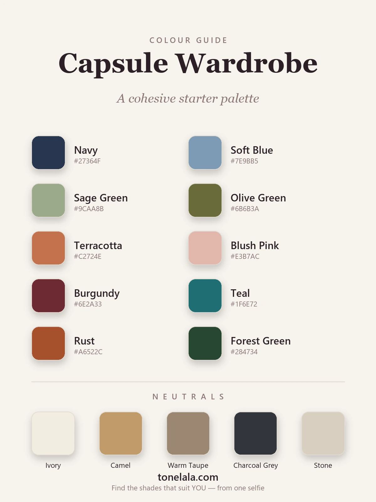 A capsule wardrobe colour palette with hex codes — navy, soft blue, sage, olive, terracotta, blush, burgundy, teal, rust and forest green, plus ivory, camel, taupe, charcoal and stone neutrals, by ToneLala
