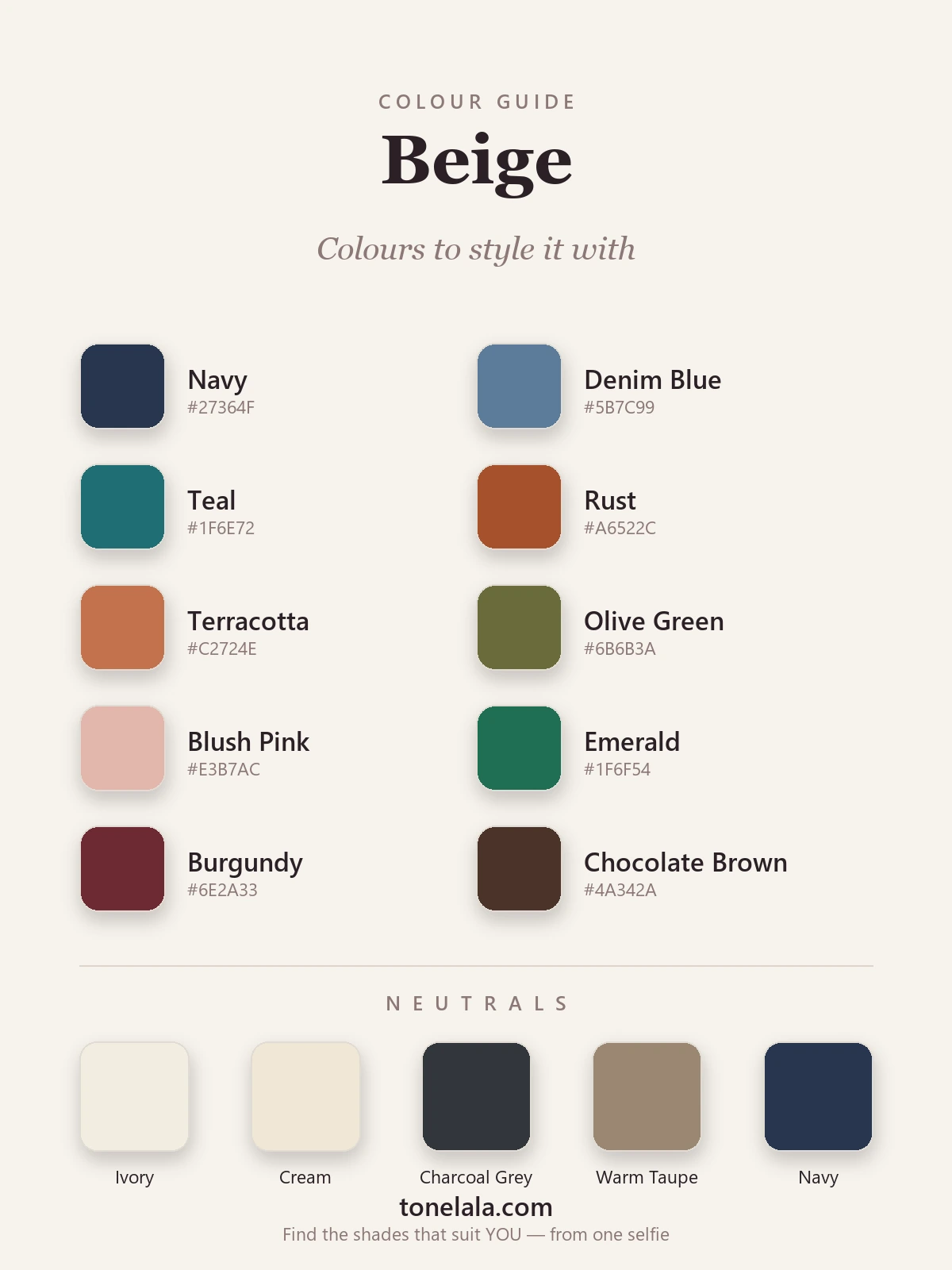 Colour palette of shades to pair with beige — navy, denim blue, teal, rust, terracotta, olive, blush pink, emerald, burgundy and chocolate, with ivory and grey neutrals, by ToneLala