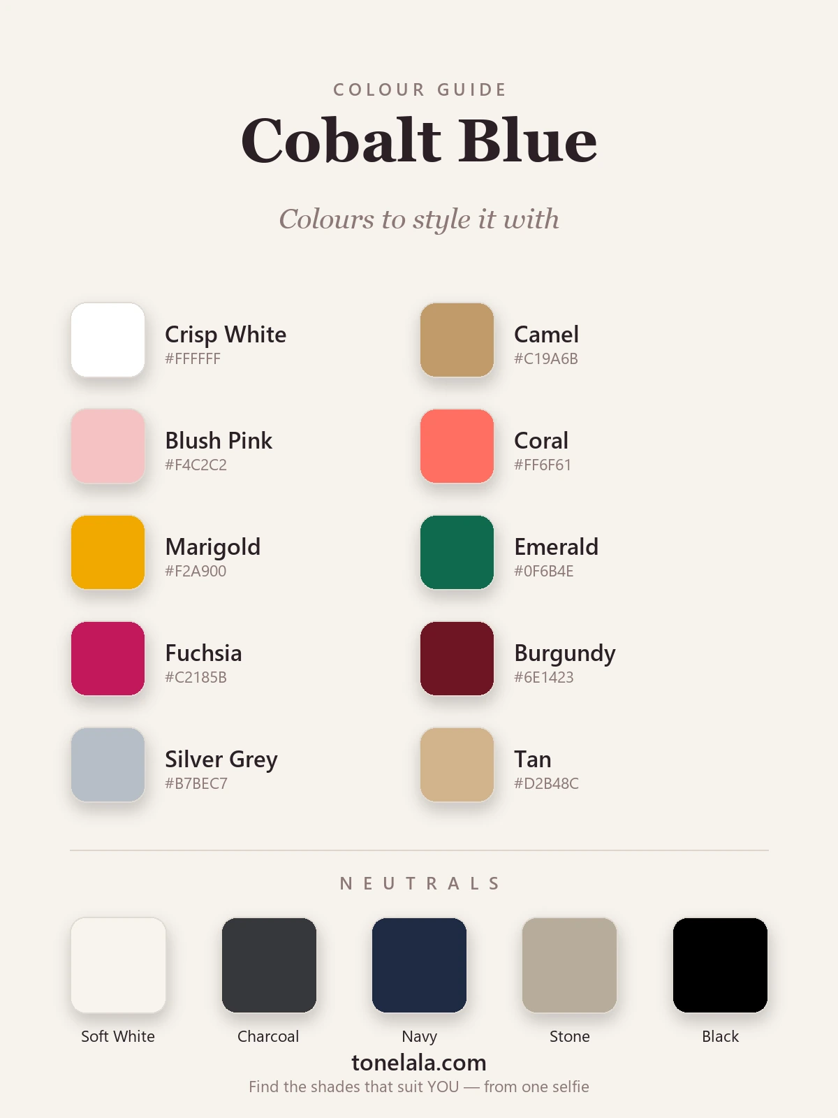 A colour palette of the best shades to pair with cobalt blue, by ToneLala