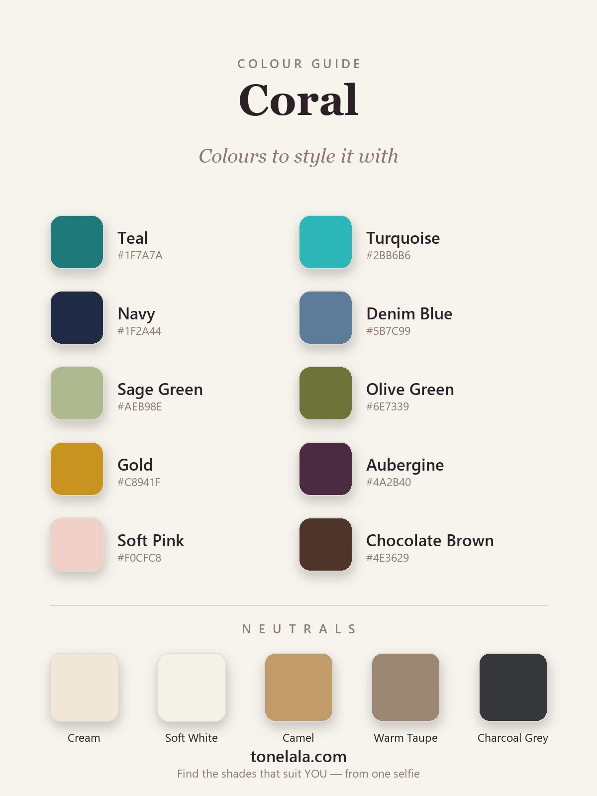 A colour palette of shades to pair with coral — teal, turquoise, navy, denim blue, sage, olive, gold, aubergine, soft pink and chocolate with hex codes, by ToneLala