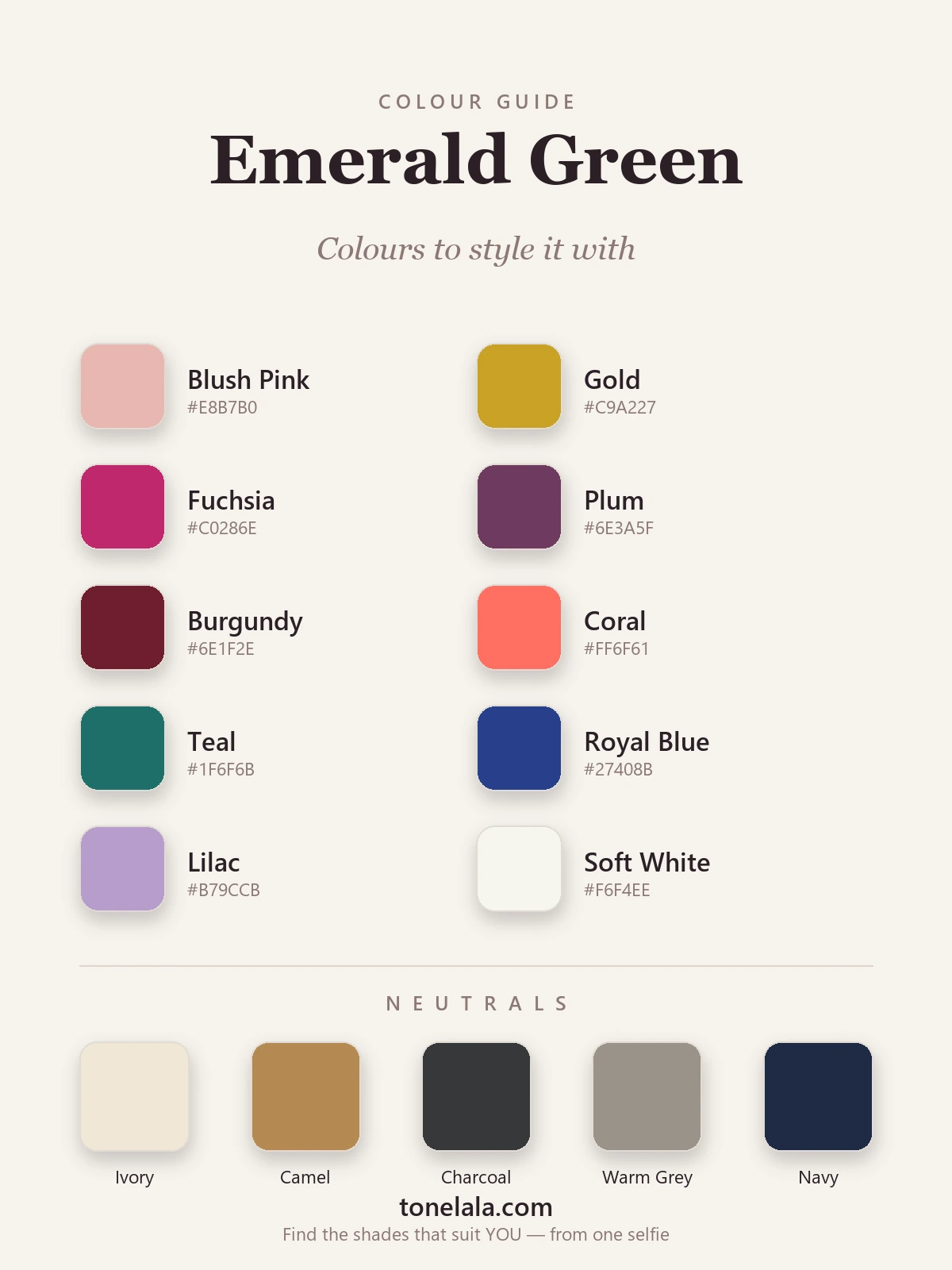 A colour palette of shades to pair with emerald green — blush pink, gold, plum, fuchsia, burgundy and teal, with ivory, camel and charcoal neutrals, by ToneLala