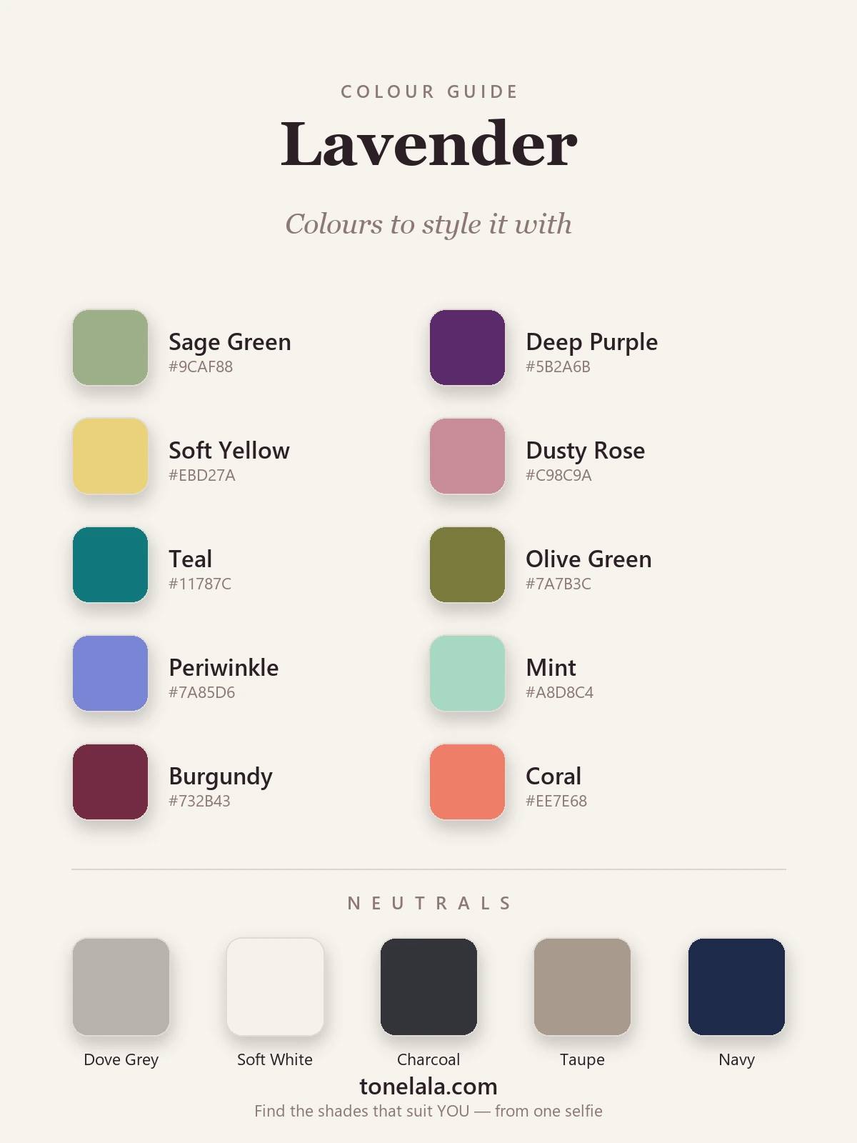 A colour palette of shades to pair with lavender — sage, deep purple, soft yellow, dusty rose, teal, olive, periwinkle, mint, charcoal and burgundy, by ToneLala
