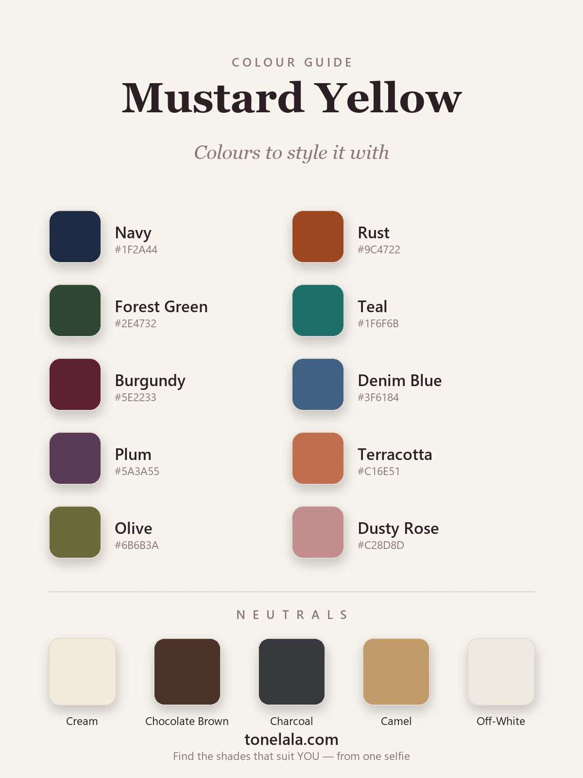 A swatch palette of colours to pair with mustard yellow, by ToneLala