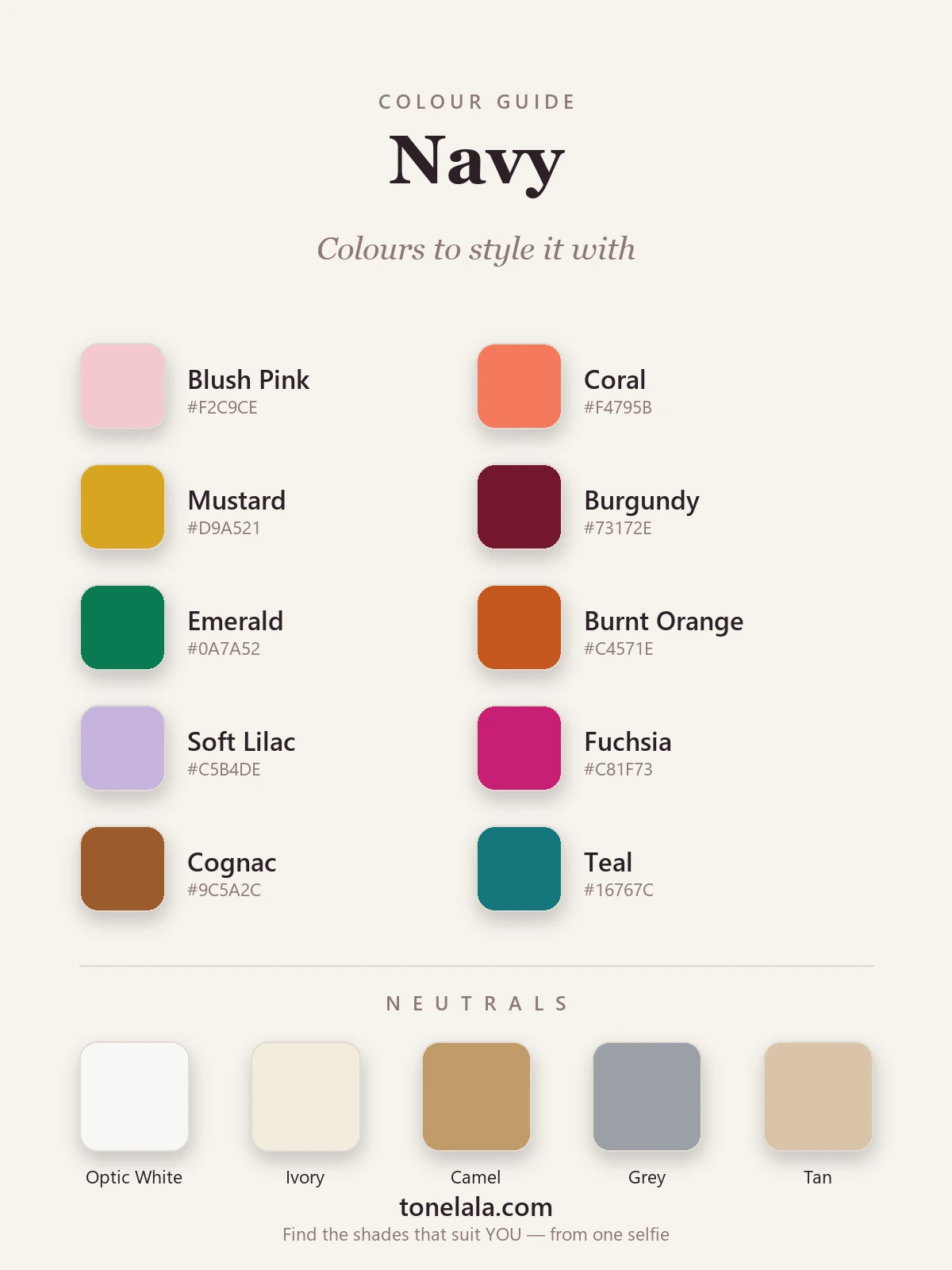 Colours to pair with navy with hex codes — blush, coral, mustard, burgundy, emerald, burnt orange, soft lilac, fuchsia, cognac and teal, plus white, ivory, camel, grey and tan neutrals, by ToneLala