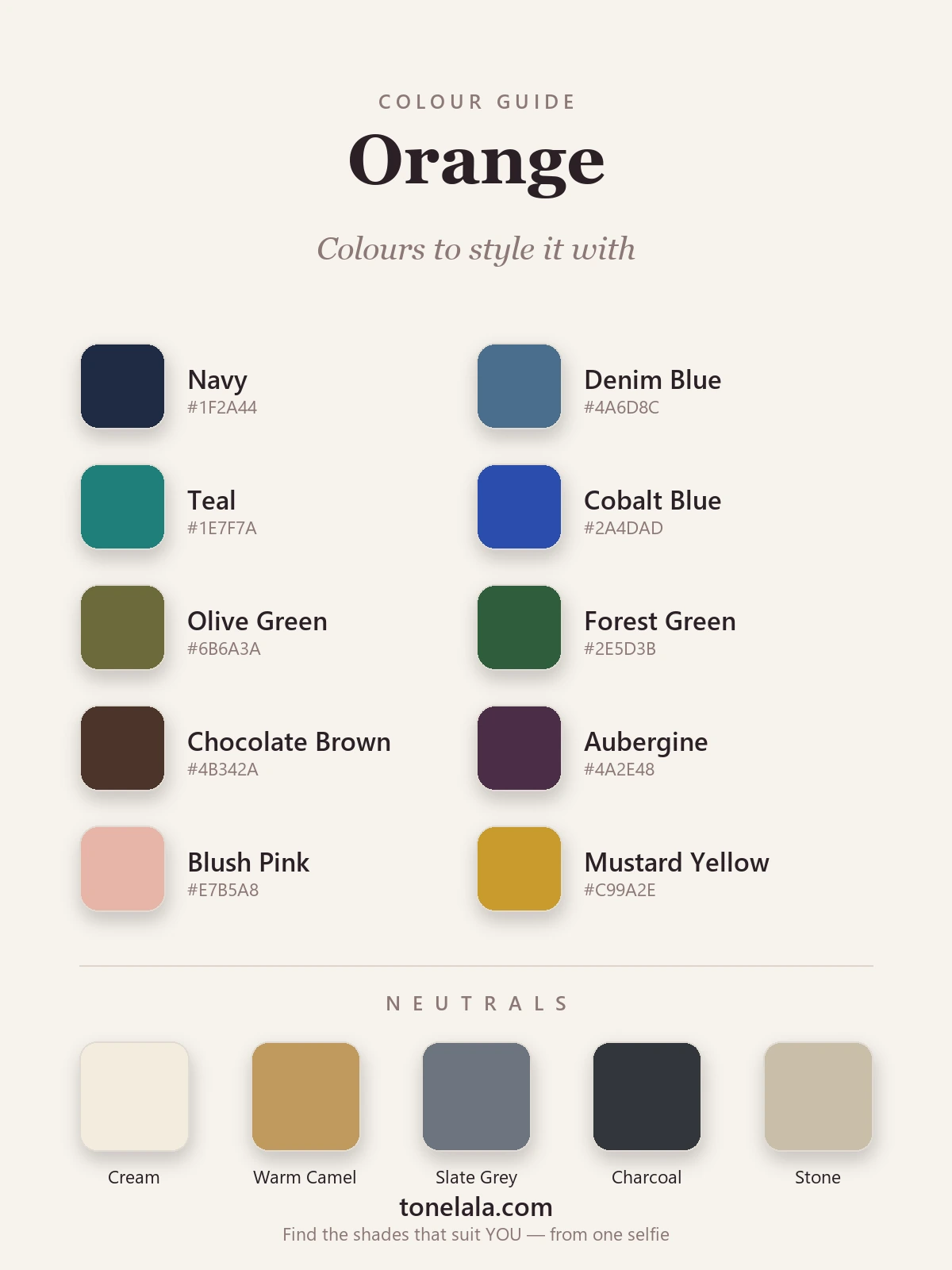 Colour palette of shades to wear with orange — navy, denim blue, teal, olive, chocolate, cream and blush, with hex codes, by ToneLala