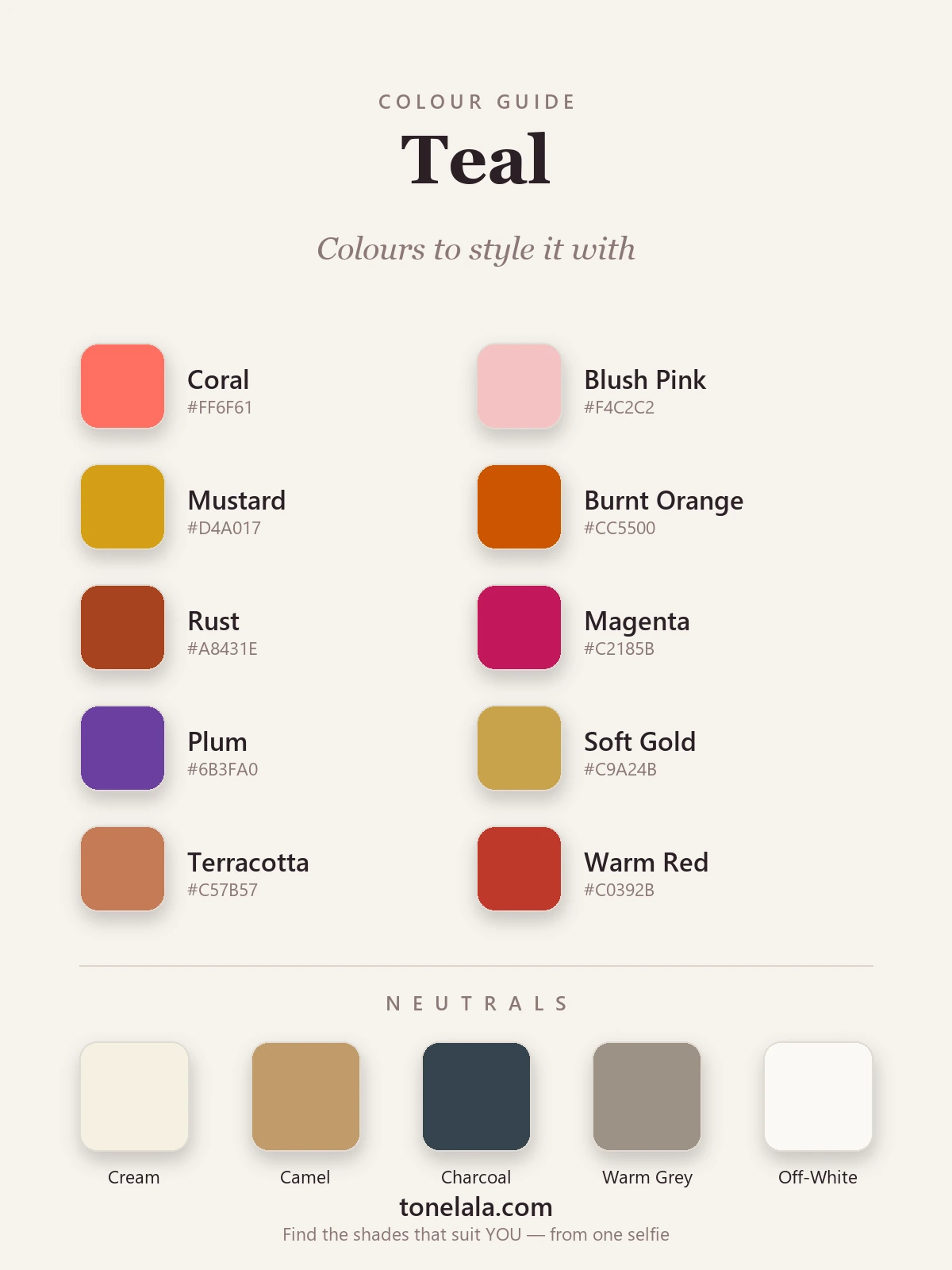 A palette of colours to pair with teal including coral, blush and camel, by ToneLala