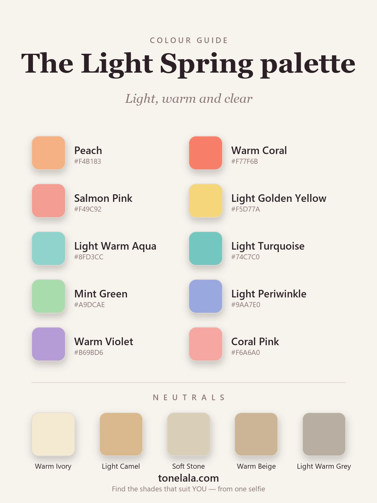 Light Spring colour palette with hex codes — peach, warm coral, light golden yellow, light warm aqua and mint with warm ivory and light camel neutrals, by ToneLala