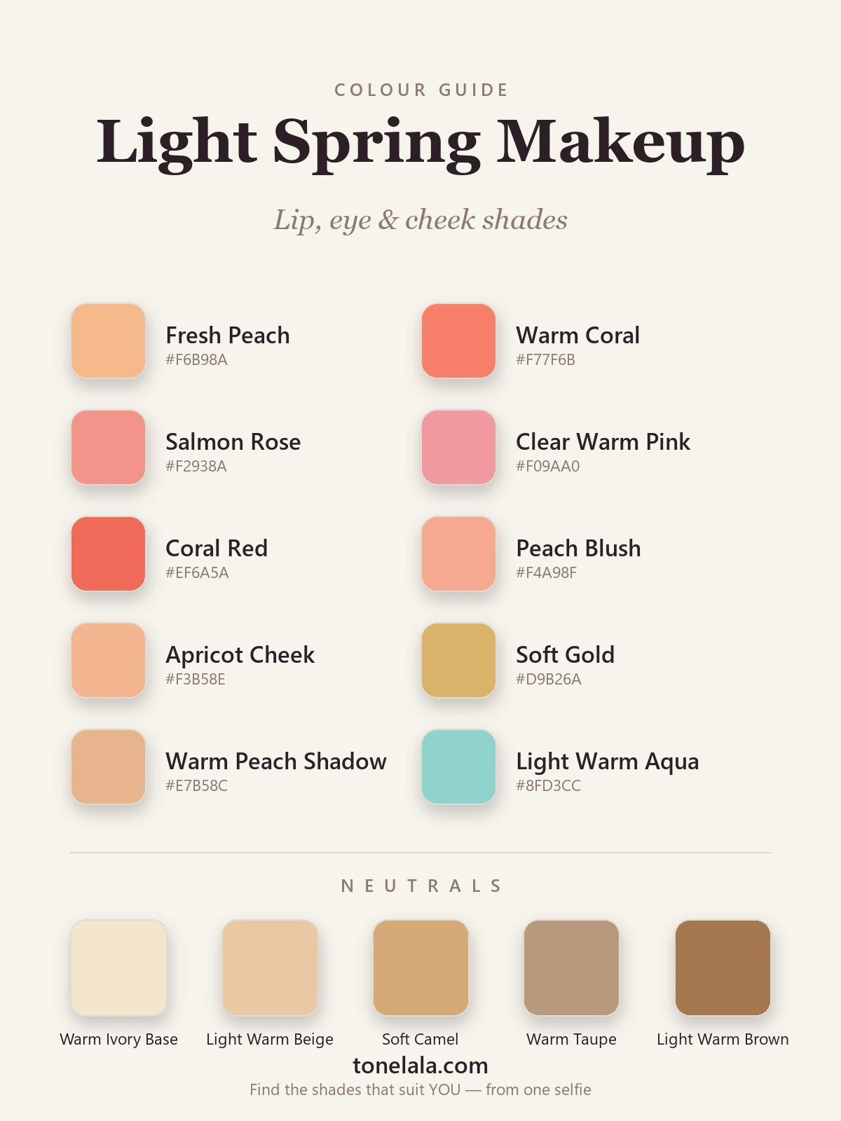 A Light Spring makeup palette with hex codes — peach, warm coral, salmon and clear warm-pink lips, peachy blush, and soft gold, warm taupe and light aqua eyeshadow, by ToneLala