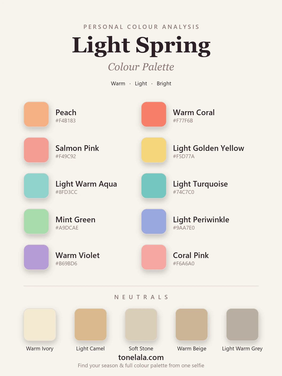 Light Spring colour palette chart with hex codes — peach, warm coral, light golden yellow, light warm aqua, mint and periwinkle, with warm ivory and light camel neutrals, by ToneLala