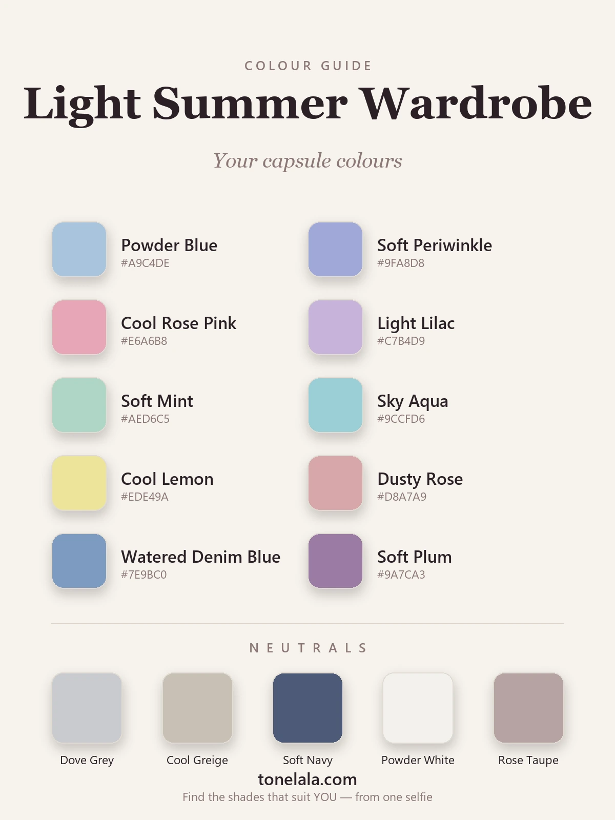Light Summer wardrobe colours: cool, light, soft pastels and greys, by ToneLala