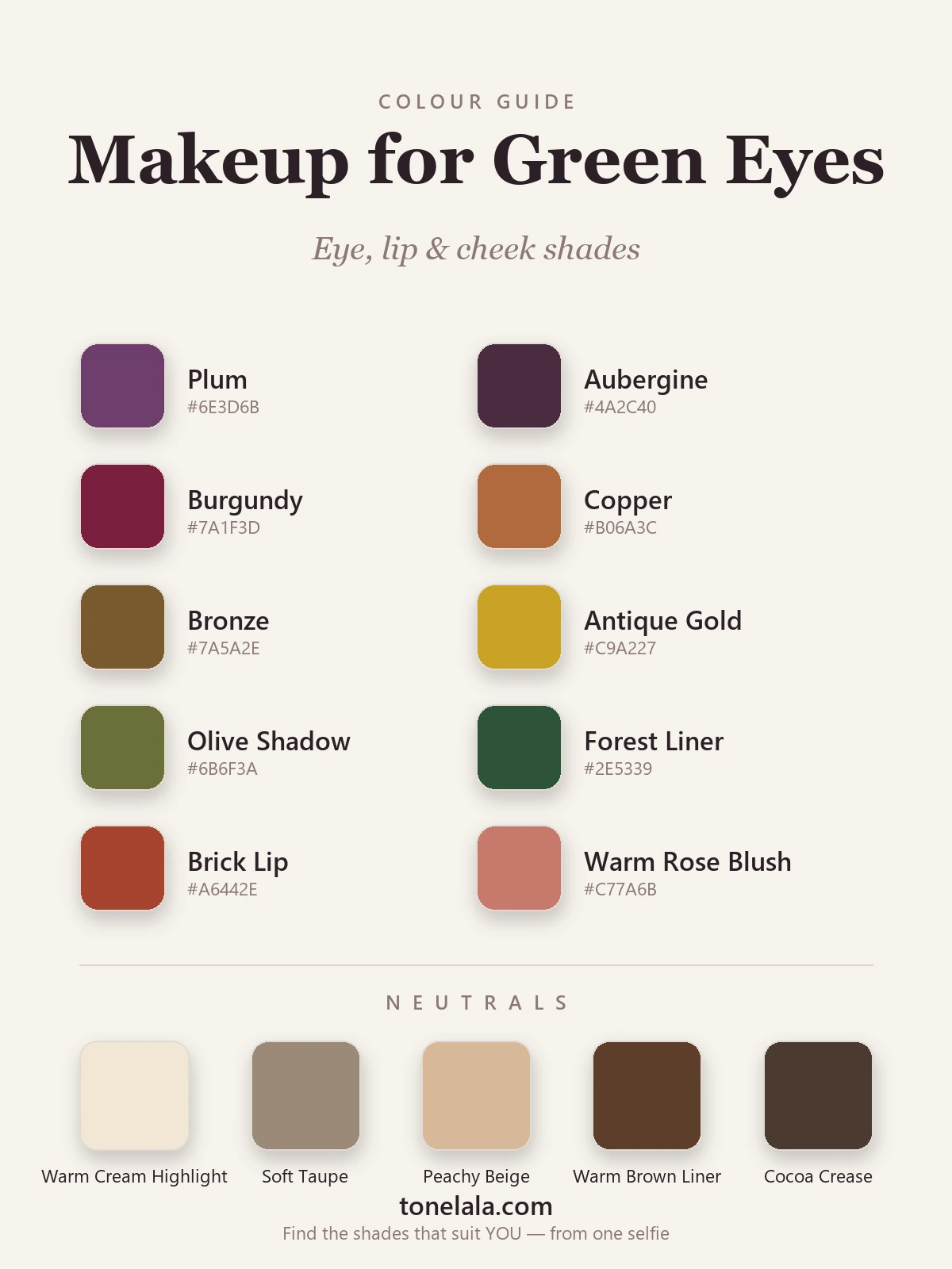 Makeup palette for green eyes with hex codes — plum, aubergine, burgundy, copper, bronze, antique gold, olive, forest, brick and warm rose, by ToneLala