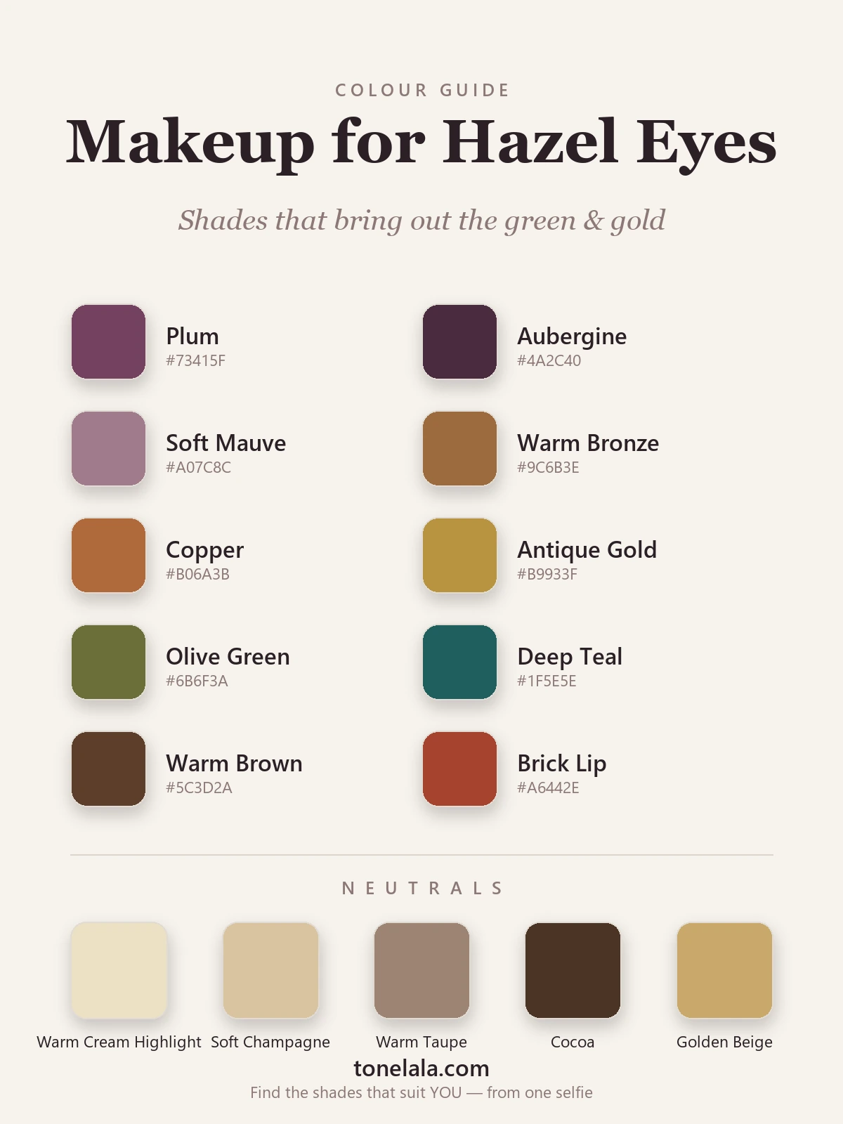 Makeup palette for hazel eyes with hex codes — plum, aubergine, mauve, bronze, copper, antique gold, olive, deep teal, warm brown and brick lip, by ToneLala
