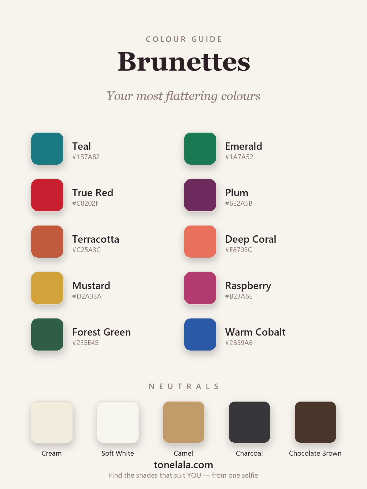 Colour palette of the most flattering colours for brunettes with hex codes — teal, emerald, true red, plum, terracotta, deep coral, mustard, raspberry, forest green and warm cobalt, plus cream, soft white, camel, charcoal and chocolate brown neutrals, by ToneLala