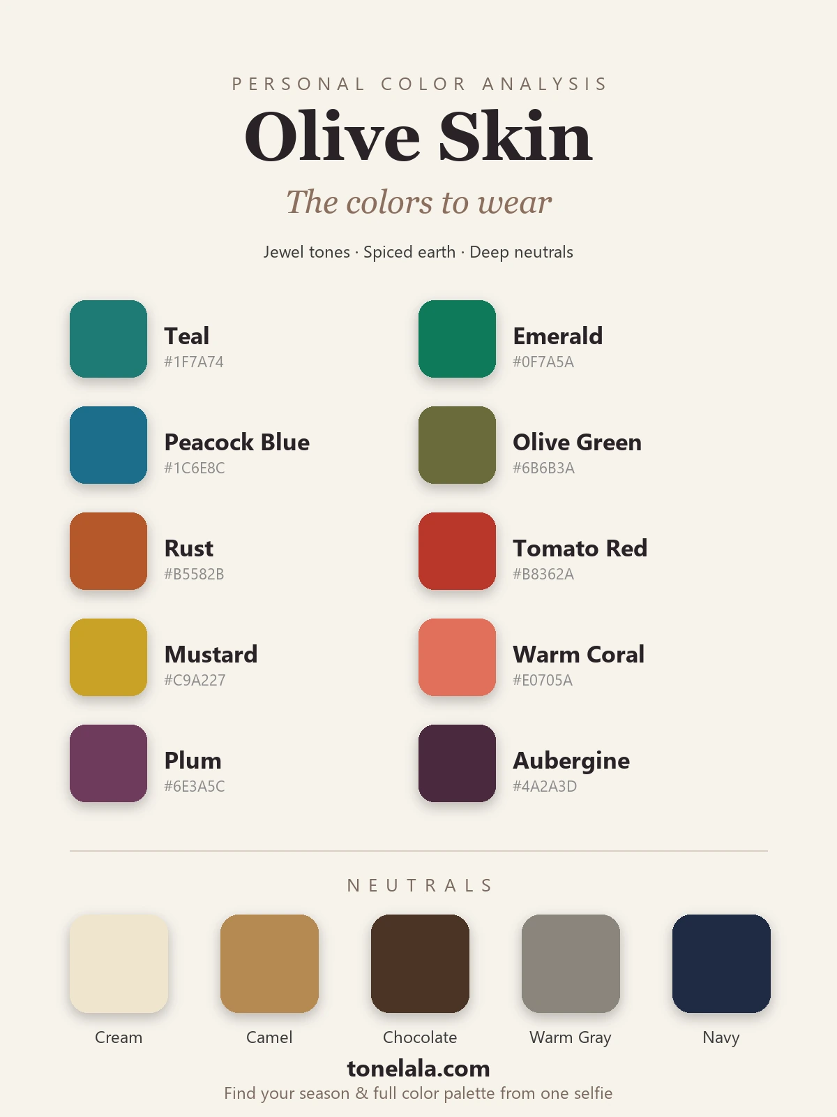 Olive skin color palette chart with hex codes, teal, emerald, peacock blue, olive green, rust, tomato red, mustard, warm coral, plum and aubergine, with cream, camel, chocolate, warm gray and navy neutrals, by ToneLala