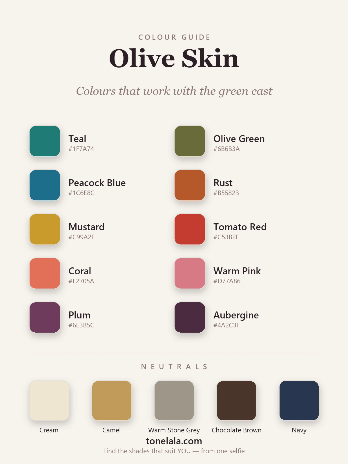 Colour palette for olive skin tone — teal, olive green, peacock blue, rust, mustard, tomato red, coral, warm pink, plum and aubergine, with cream, camel, warm stone grey, chocolate brown and navy neutrals, by ToneLala