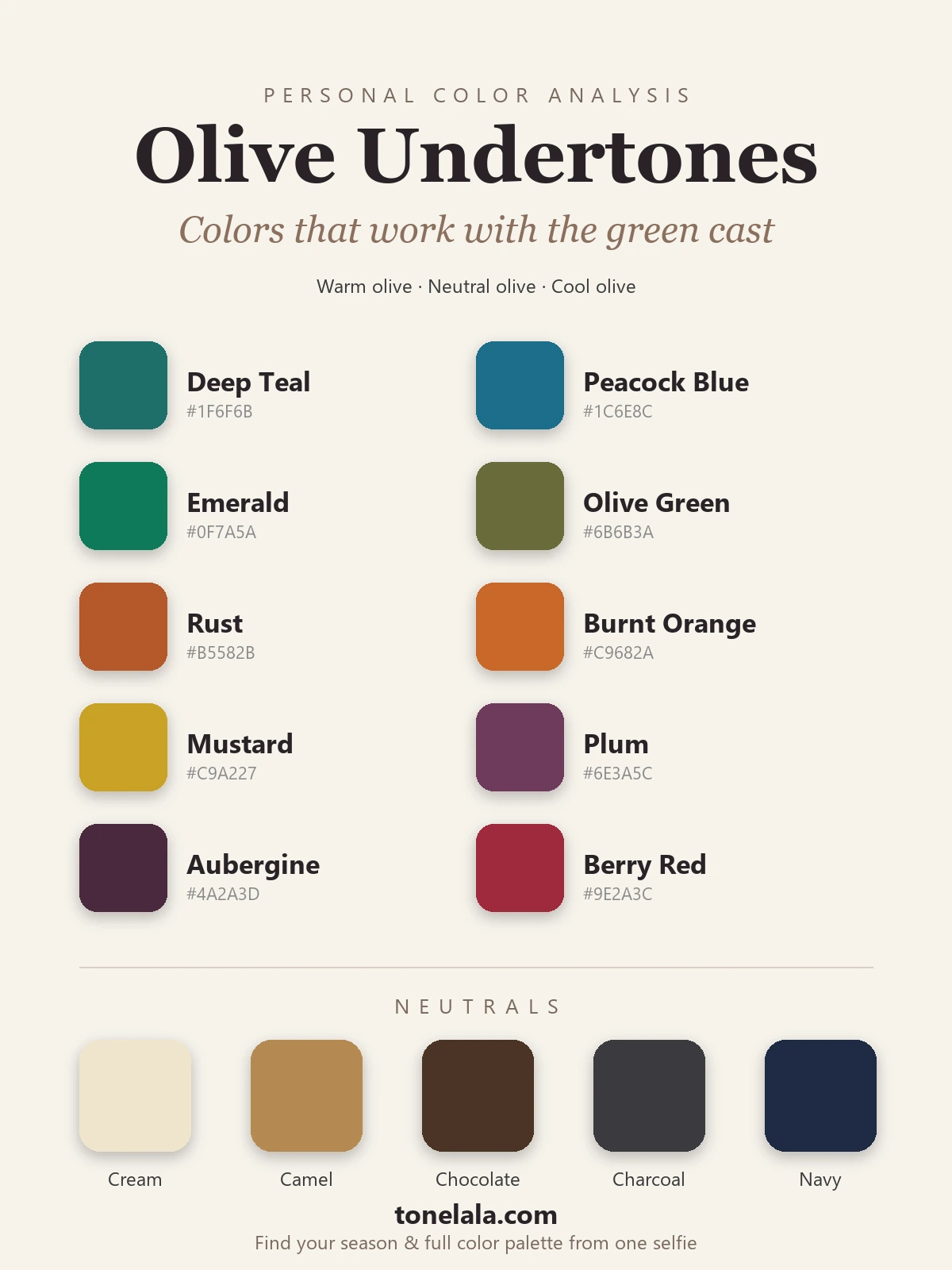 Color palette for olive skin undertones with hex codes, deep teal, peacock blue, emerald, olive green, rust, burnt orange, mustard, plum, aubergine and berry red, with cream, camel, chocolate, charcoal and navy neutrals, by ToneLala