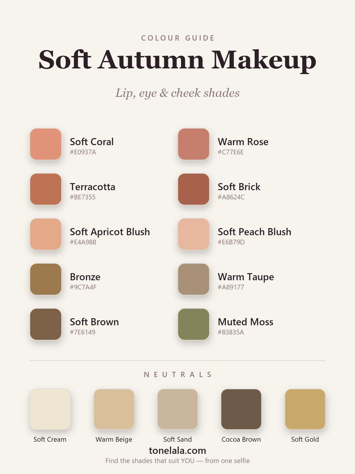 A palette of Soft Autumn makeup shades with hex codes — soft coral, warm rose, terracotta and soft brick lips, apricot and soft peach blush, bronze, warm taupe and moss eyes, by ToneLala