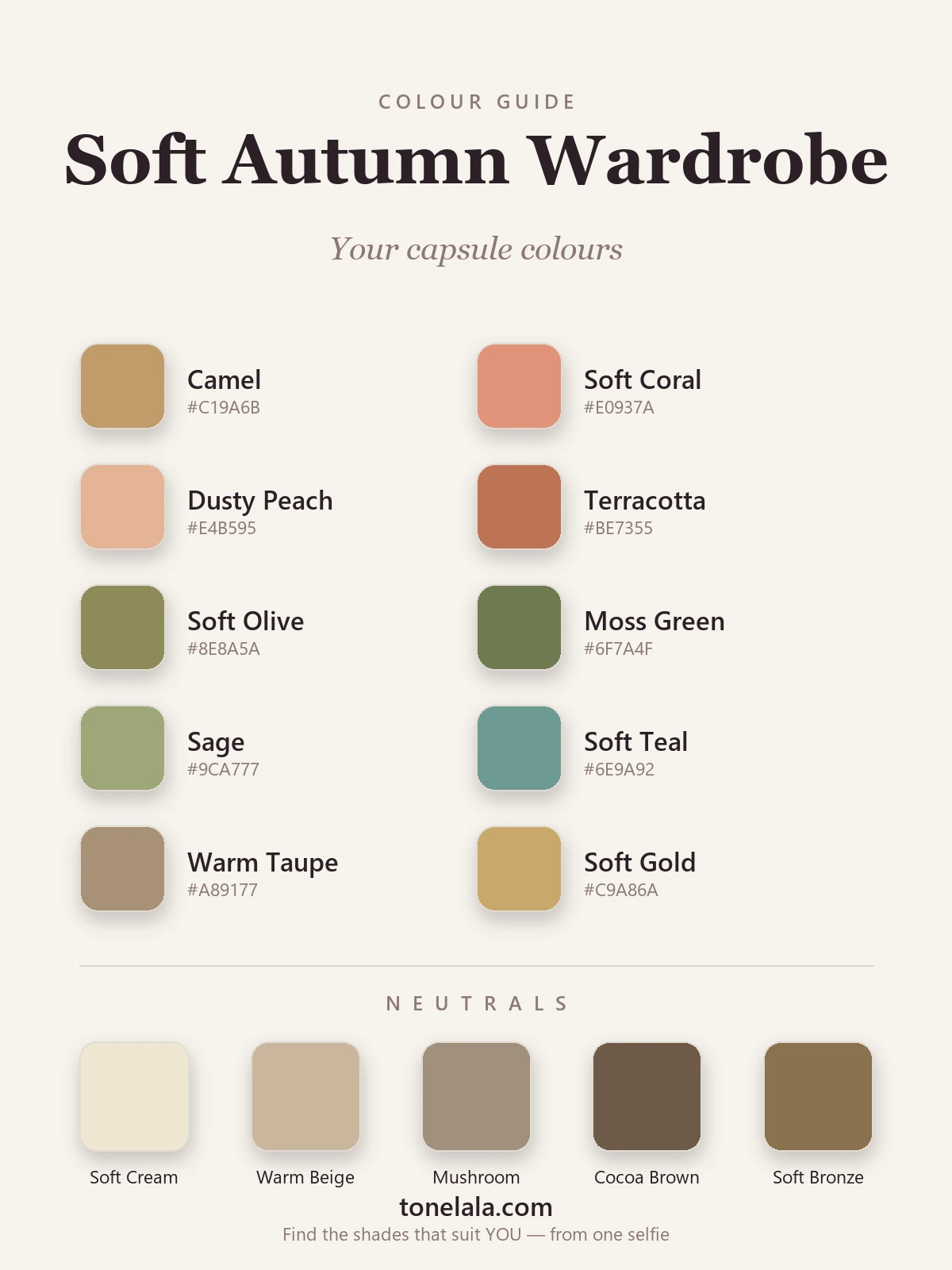 Soft Autumn wardrobe colours with hex codes — camel, soft coral, terracotta, soft olive, moss, sage and soft teal with cream and cocoa neutrals, by ToneLala