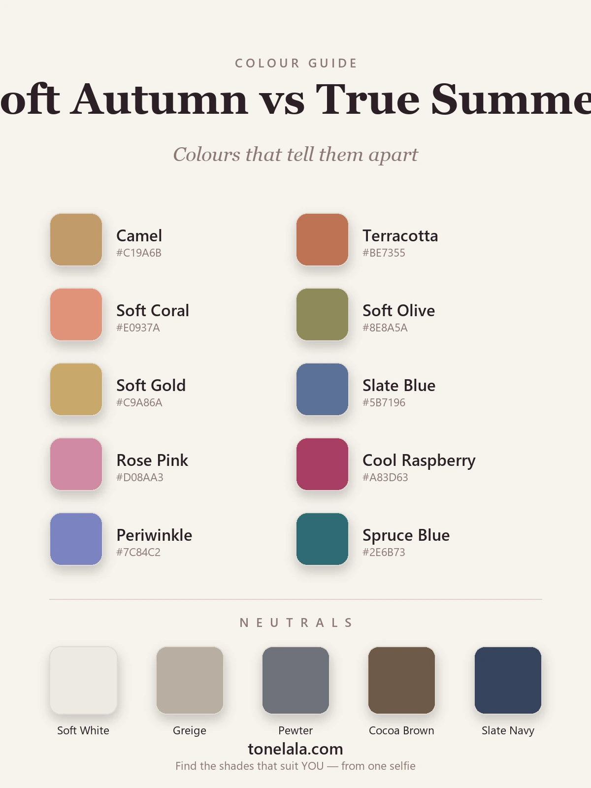 Colour swatches separating Soft Autumn from True Summer with hex codes — warm camel, terracotta and soft olive against cool slate blue, rose pink and cool raspberry, by ToneLala