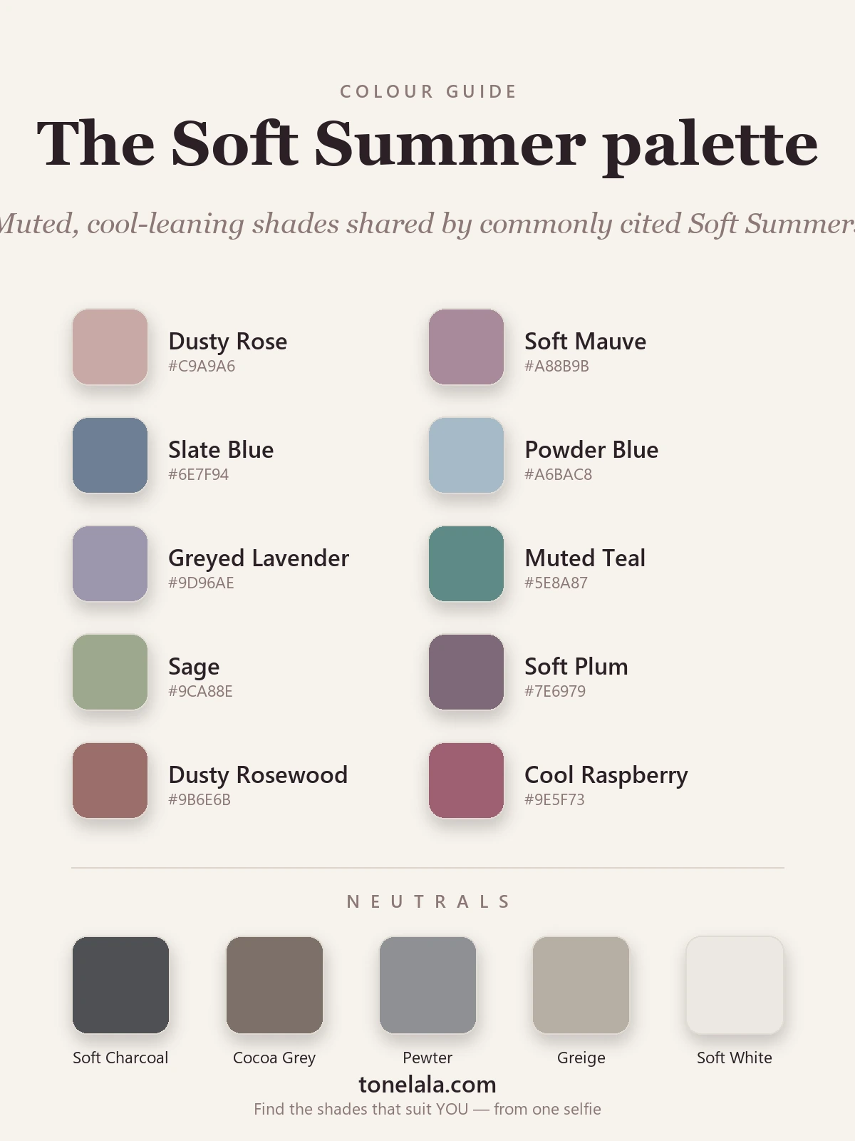 Soft Summer palette of ten muted cool colours plus five soft neutrals, by ToneLala